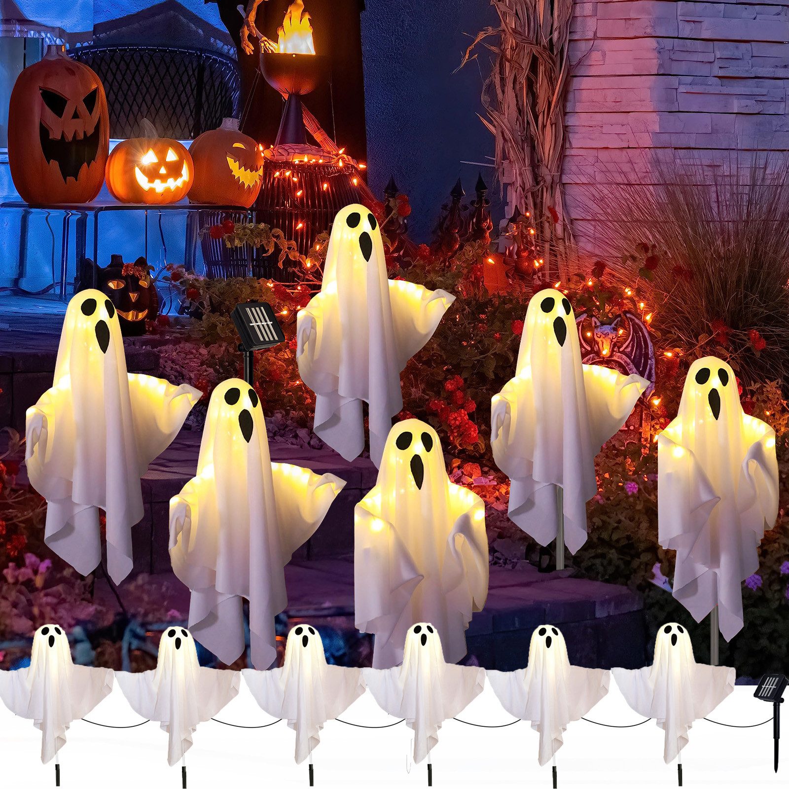 MUPOO LED-Lichterkette 6er-Pack Solar Halloween Geisterlichter mit Armen,8 Modi, Garten,Weg,Spukhaus-Dekoration