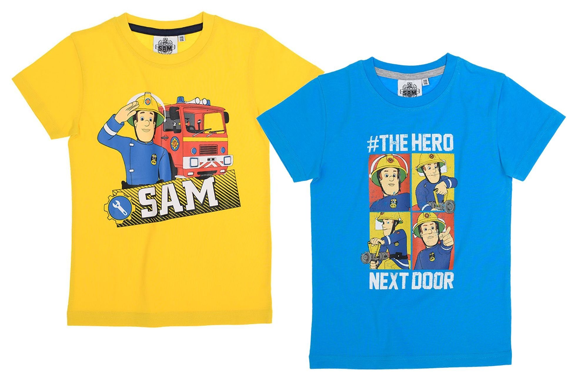 Feuerwehrmann Sam T-Shirt 2x FEUERWEHRMANN SAM Kinder T-Shirts Doppelpack gelb+blau Jungen + Mädchen Gr.92 104 116