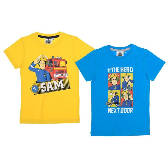 Feuerwehrmann Sam T-Shirt 2x FEUERWEHRMANN SAM Kinder T-Shirts Doppelpack gelb+blau Jungen + Mädchen Gr.92 104 116