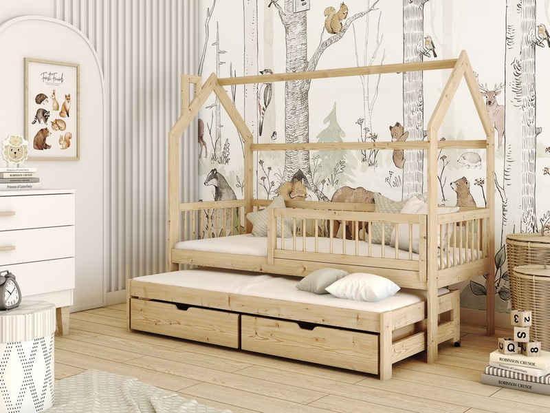 Fun Möbel Hausbett Kinderbett PERLE (200x90cm, inkl. Rausfallschutz), Inkl. Zusatzbett, 2 x Rollrost und 2 x Schubkasten