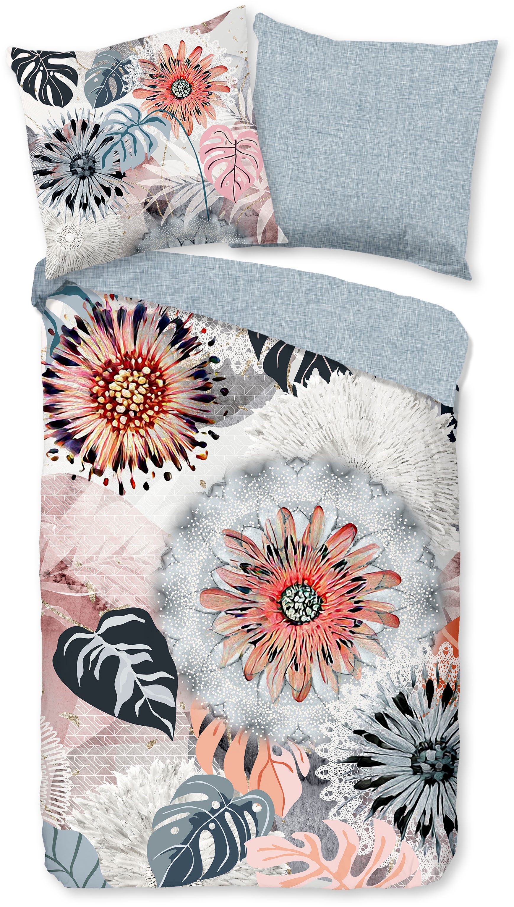 hip Wendebettwäsche Ralvira, Biber, Flanell, 3 teilig, Flanell, Biber, Warm, Wendeoptik, Mandala, Blumen, Blätter, Grau