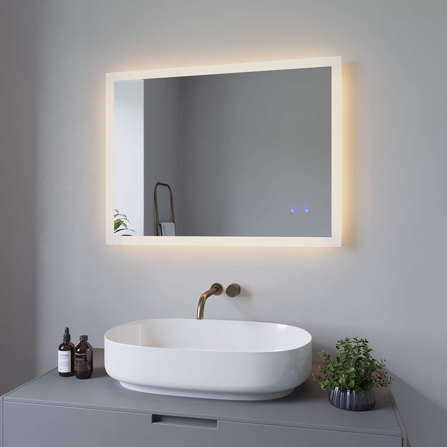 AQUABATOS Badspiegel Warmweiß Beleuchtung Badspiegel Energiesparend Badezimmerspiegel, Kaltweiß Dimmbar LED mit Schalter 80x60cm Neutralweiß Touch