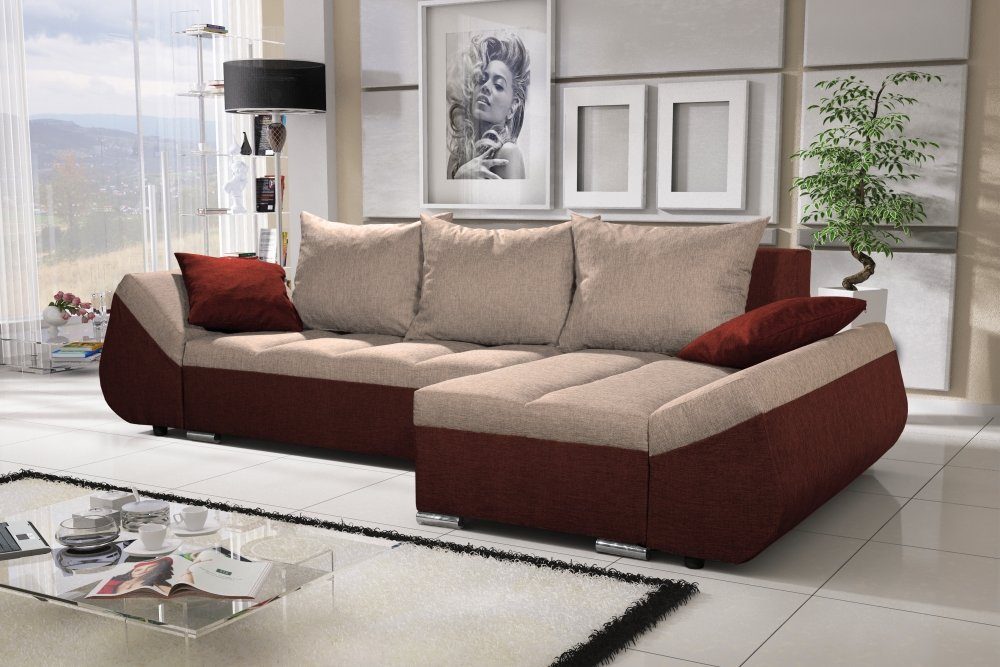 Fun Möbel Ecksofa Schlafsofa Sofa Mit in Zierkissen, Rückenkissen und Braun-Beige mit inkl. Bettkasten Stoff KLEO mane