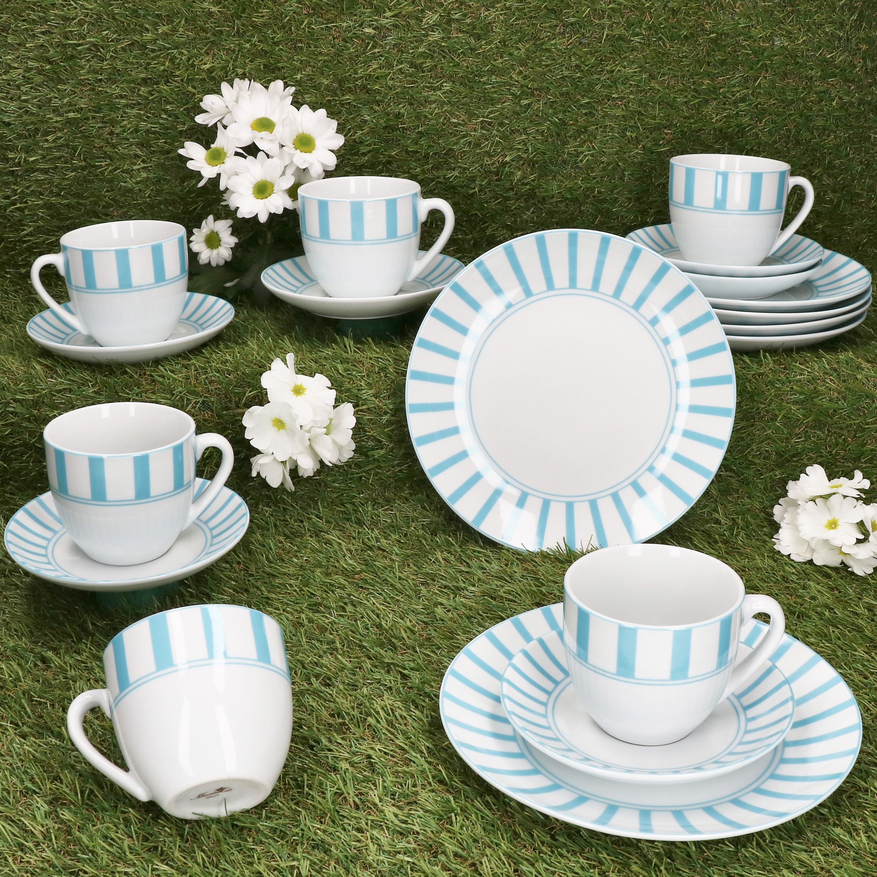 MamboCat Kaffeeservice 18tlg Kaffeeservice Split türkis Porzellan Tasse Teller Streifen, Porzellan