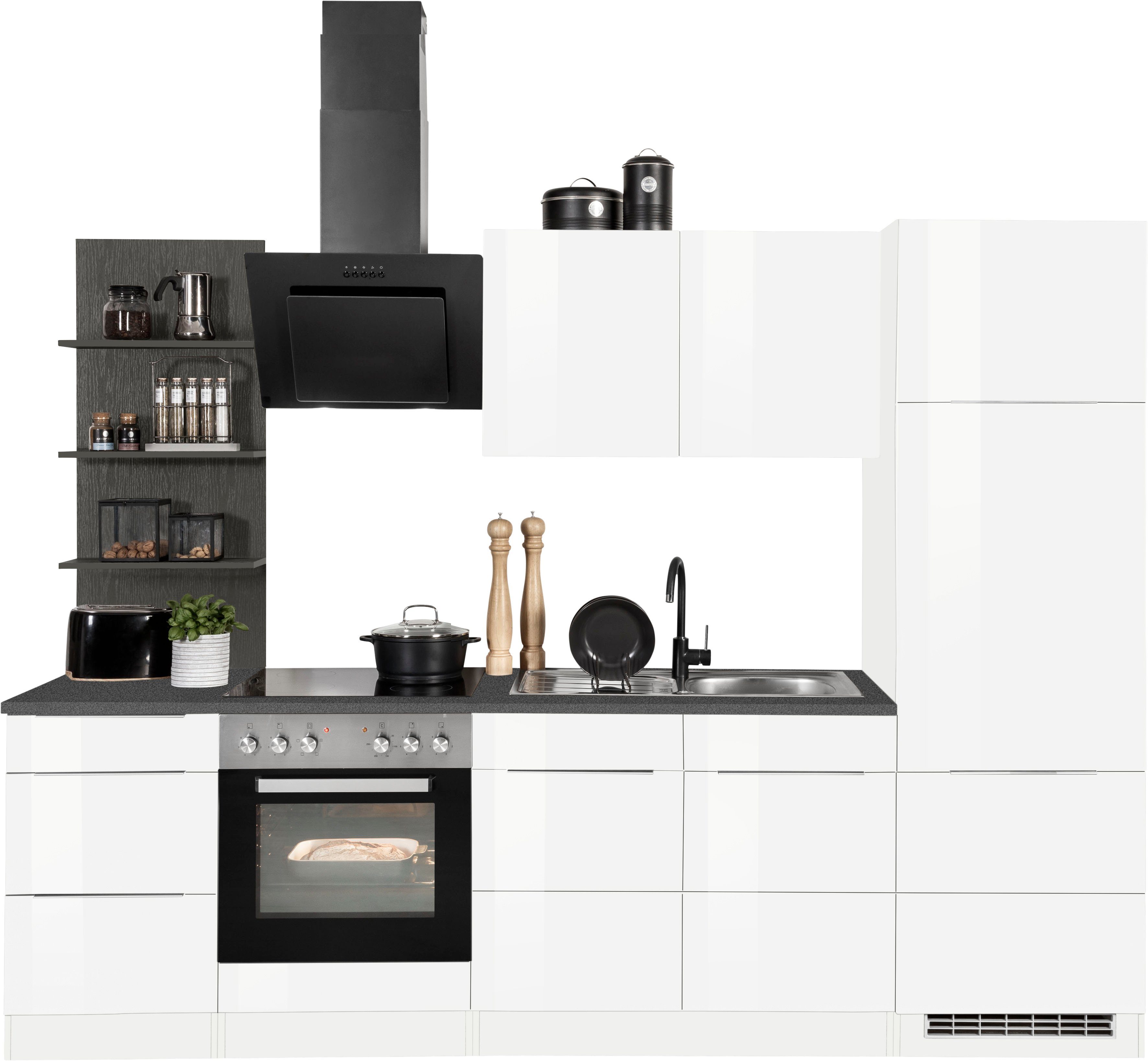 HELD MÖBEL Küchenzeile Brindisi, ohne MDF-Fronten Breite hochglänzende 270 cm, Geräte