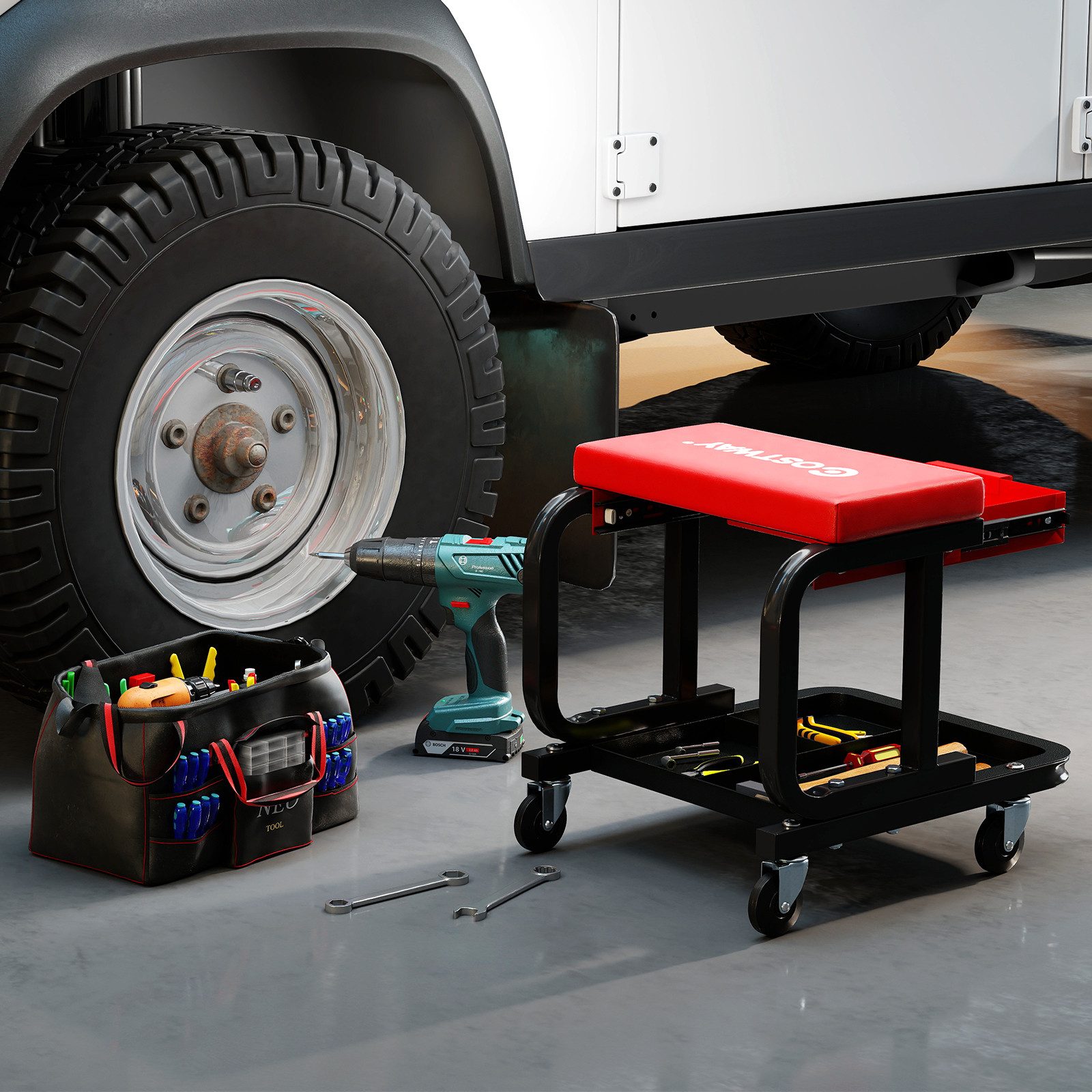 COSTWAY Montagehocker, Werkstatthocker mit Rollen Schublade Ablage, bis 185kg