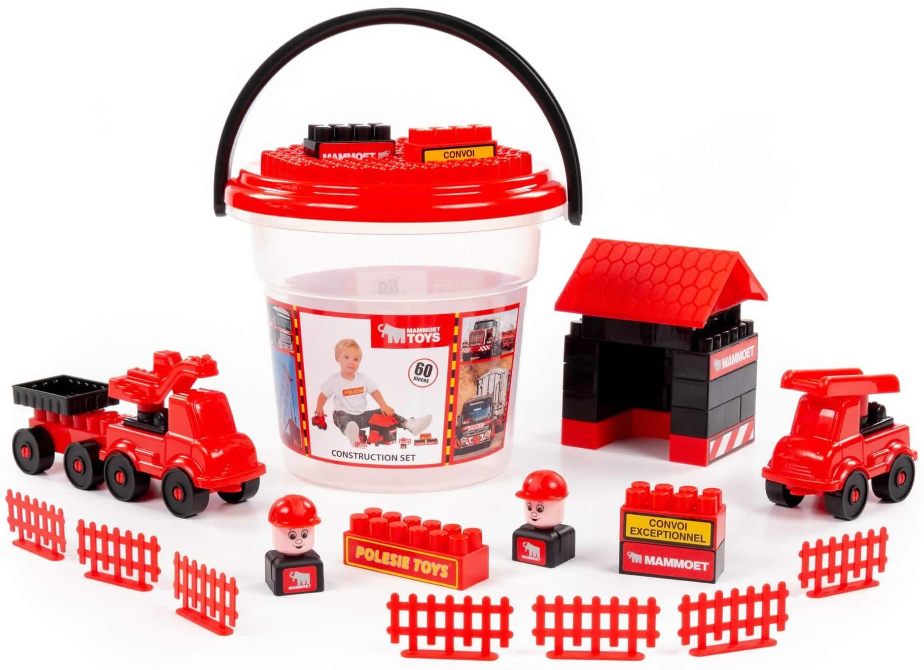Polesie MAMMOET Bausteine 60-tlg. mit Zubehör Kinder Steckbausteine im Eimer Spielbausteine, (60 St)