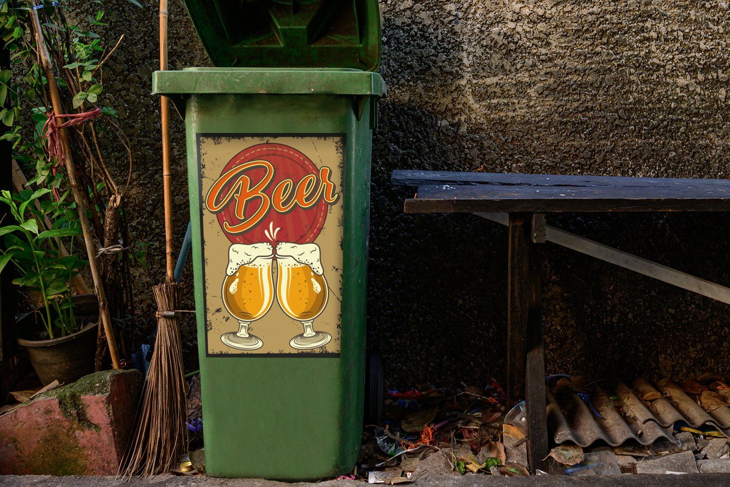 MuchoWow Wandsticker Mancave Abfalbehälter Mülltonne, (1 Sticker, - Biergläser - Mülleimer-aufkleber, - Zeichnung St), Vintage Container