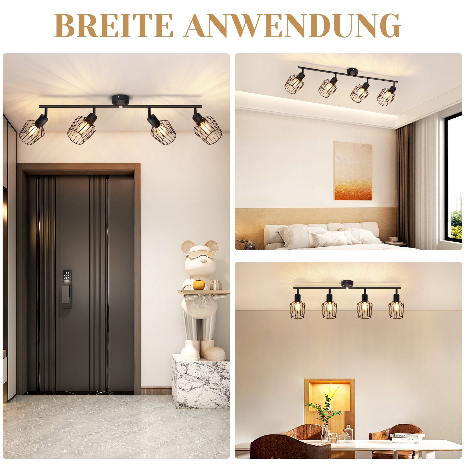 Nettlife Deckenstrahler Vintage Schwarz/Weiß E14 1/2/3/4/6 Flamming Industrial, Drehbar 350°, LED wechselbar, für Flur Küchen Schlafzimmer, Wohnzimmer, Esszimme – Bild 2 von 5