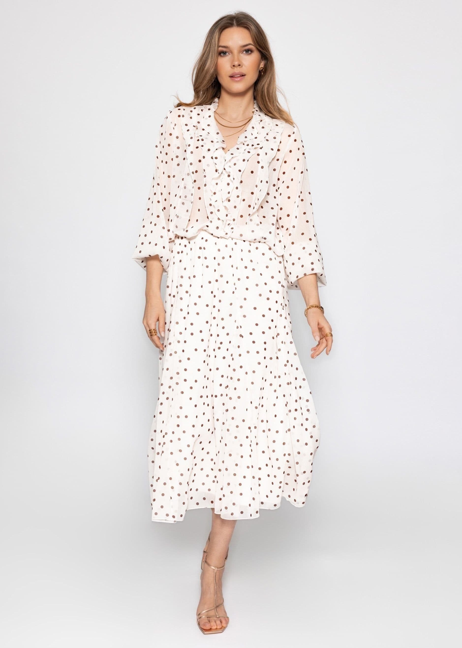 SASSYCLASSY Langarmbluse Chiffon Bluse mit Volants für Damen Leichte Bluse mit braunem Punktemuster und locker fallendem Schnitt