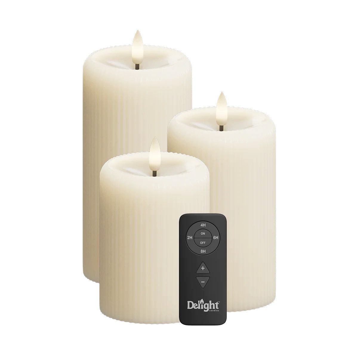 Deluxe Homeart LED-Kerze LED Stumpenkerzen „Ivory Stripe“ 3er Set – Delight Candles Fernbedienu