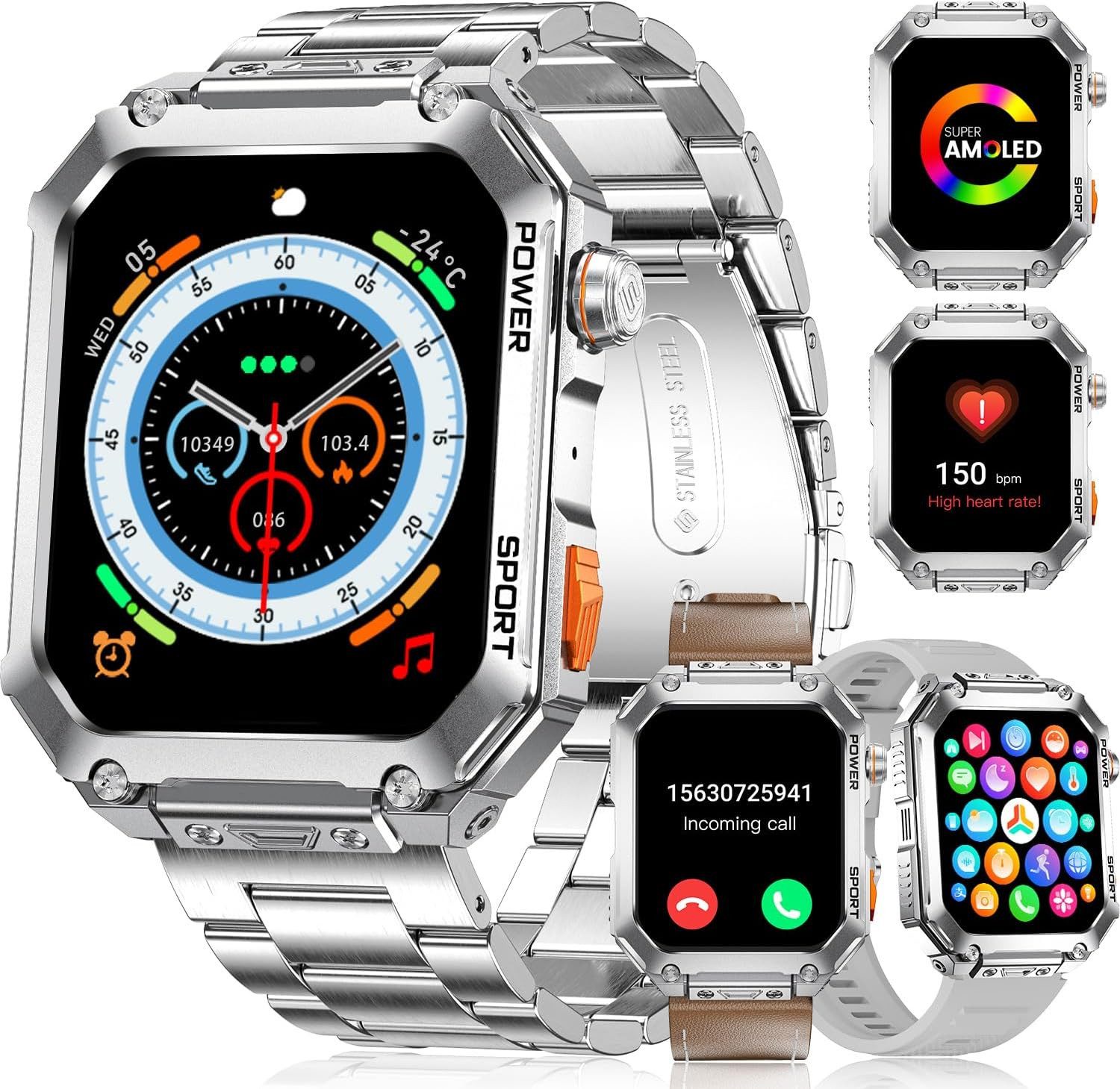 BENYAR EF2 PRO-I Smartwatch (4,9 cm, android ios), Smartwatch mit AMOLED Display Anruffunktion 3 Armbänder IP68 Sport
