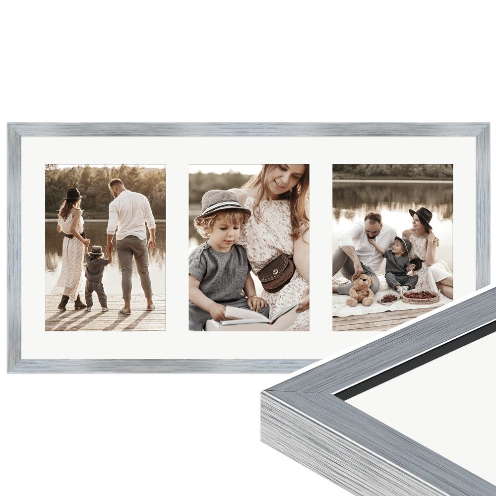 WANDStyle Galerierahmen G950 25x50 cm, für 3 Bilder, im Format 13x18 cm, aus Massivholz in der Farbe Silber