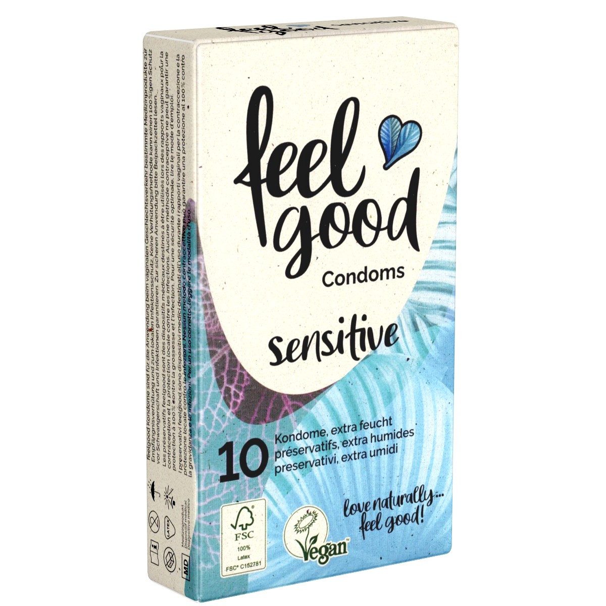 feelgood Condoms Kondome Sensitive Packung mit, 10 St., Kondome ohne tierische Inhaltsstoffe, vegane, extra befeuchte und gleitfähige Kondome