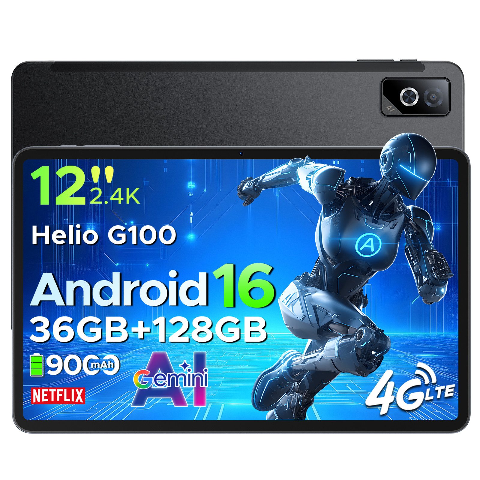 DOOGEE TabG6Pro 12'' Tablet Android 16 with SIM-Karte, Helio G100 Octa-Core Tablet (12", 128 GB, Android 16, Wifi, 128GB ROM, Gemini AI, 13MP+8MP, 90Hz, FACE ID, 9000 mAh, 5G WiFi/4G LTE)