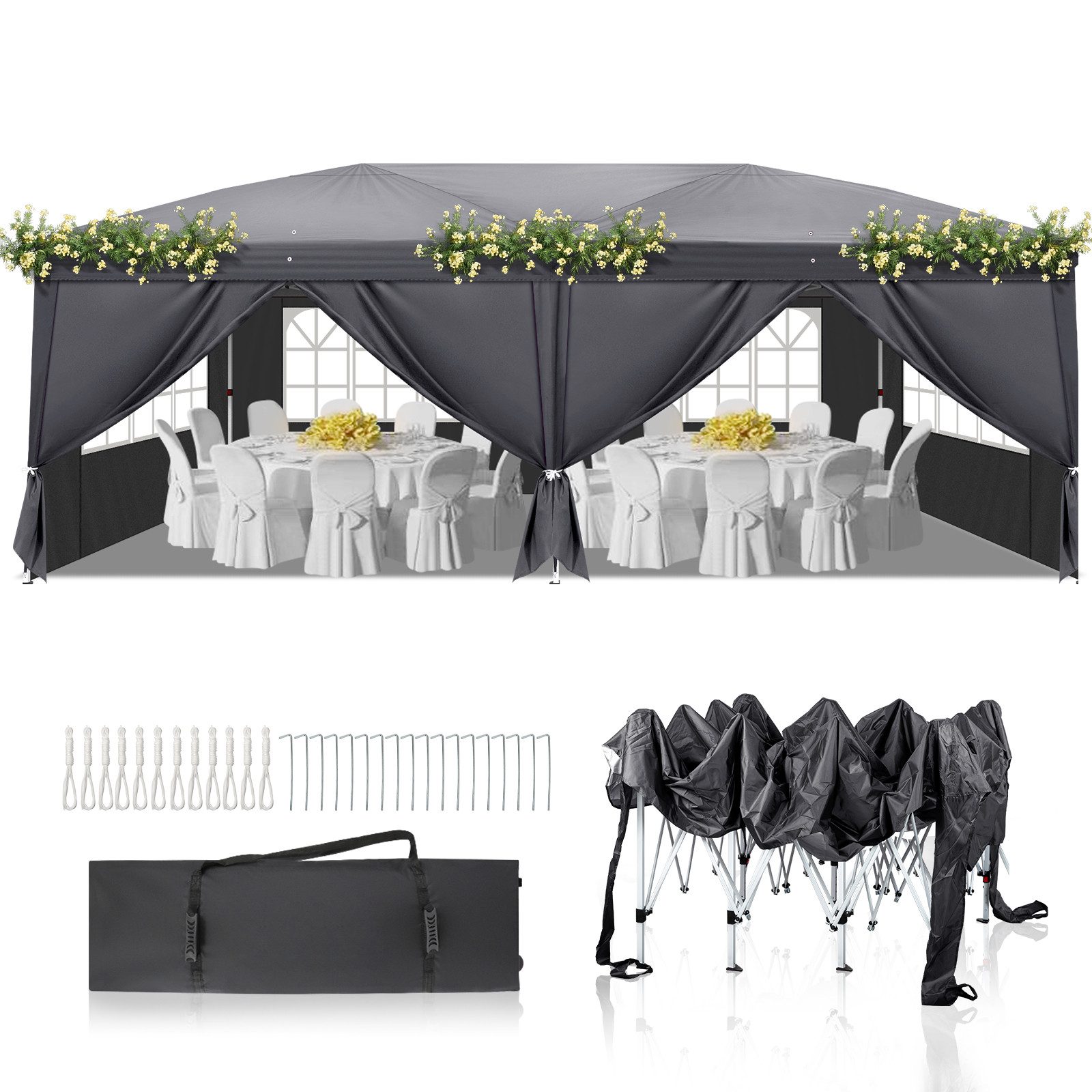 LALAHO Faltpavillon Pavillon Partyzelte 3x6m, Festzelt Gartenzelt für Garten Terrasse, mit 6 Seitenteilen, Gartenpavillon mit 6 Seitenteilen,Wasserdicht & UV-Schutz