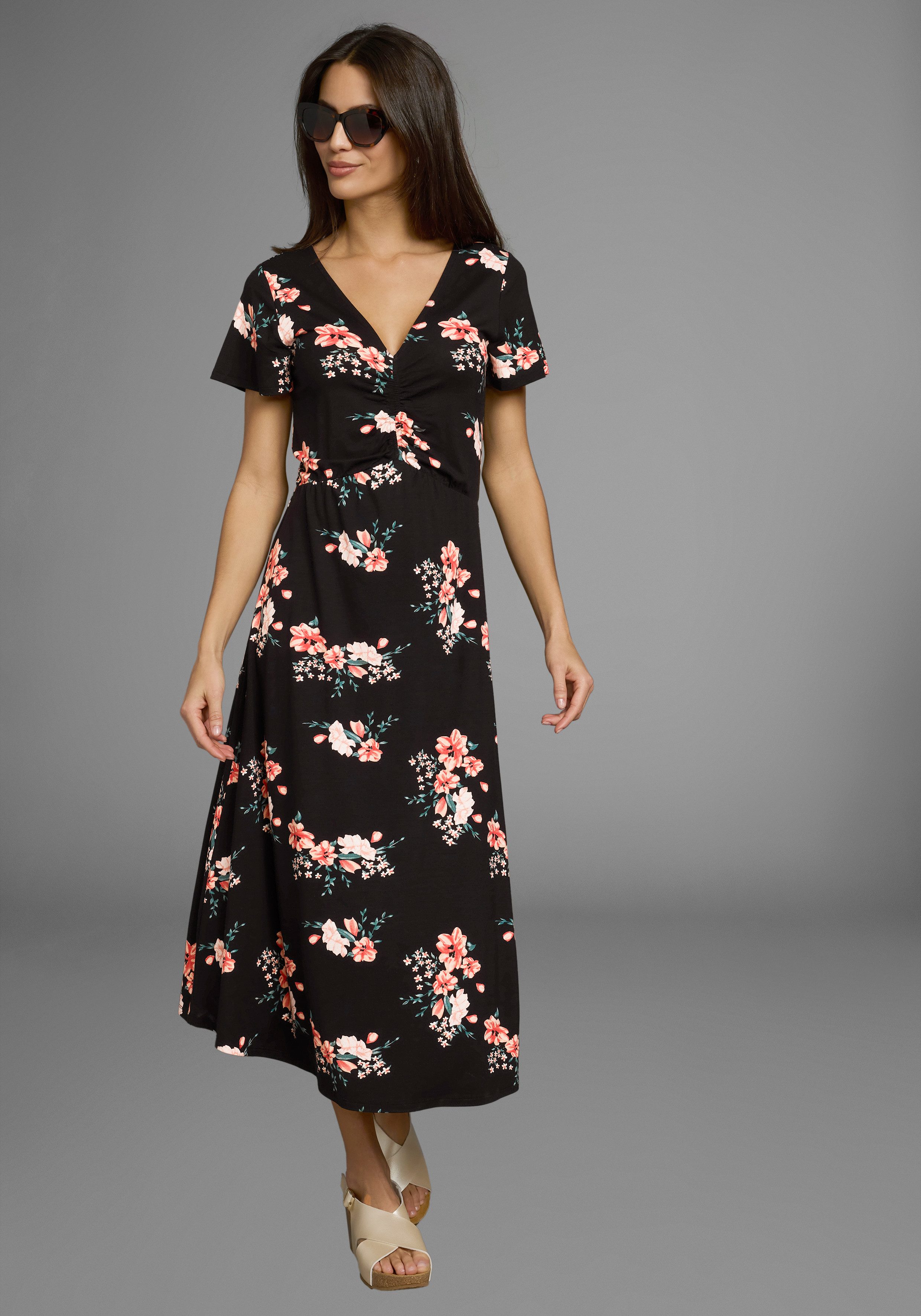 Laura Scott Sommerkleid mit romantischem Blumendruck und Raffung, Midikleid