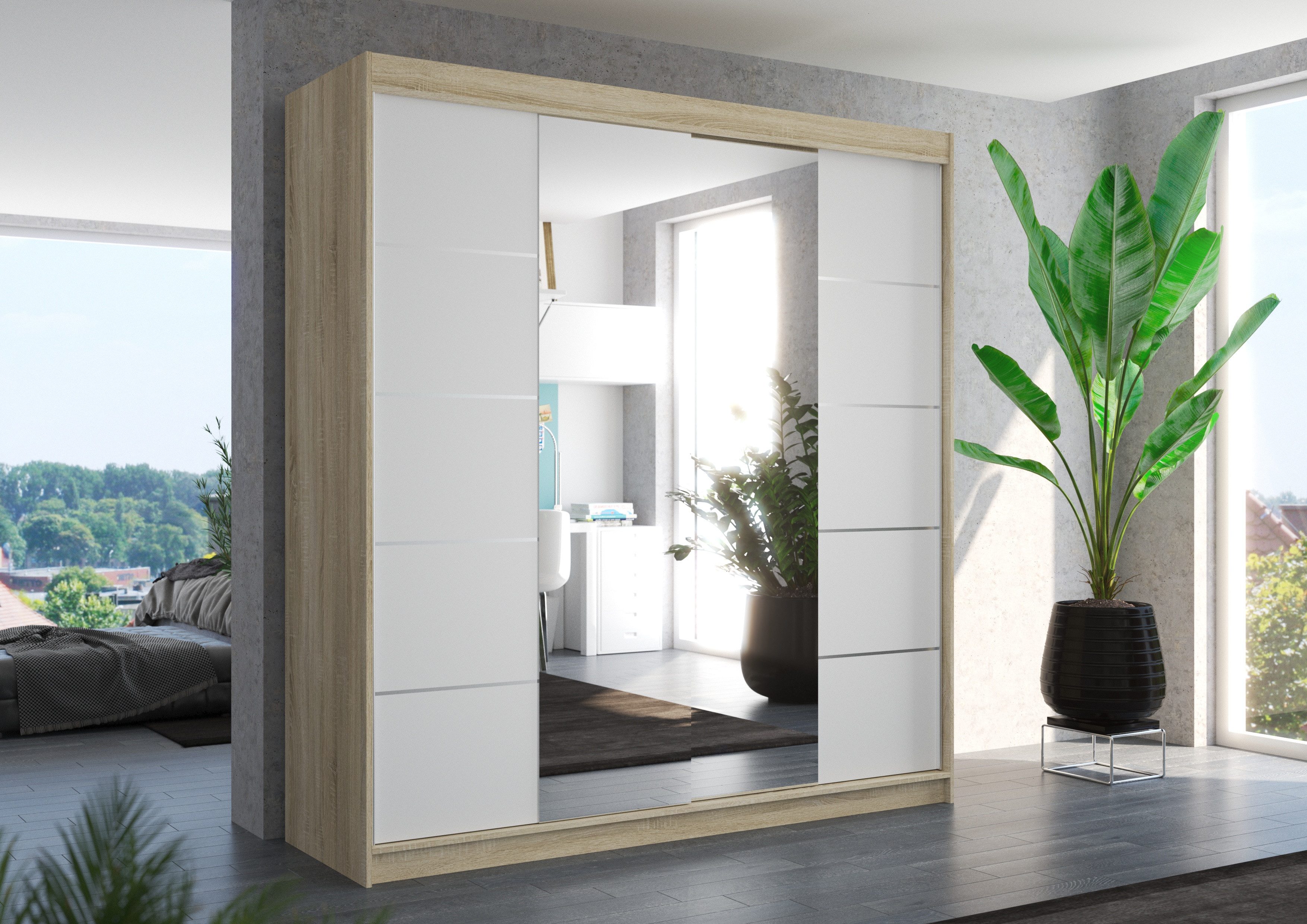 MOEBLO Schiebetürenschrank Ventara (Kleiderschrank mit Spiegel, 2 Türen, 11 Fächer, modern, platzsparend, KleiderstangeKleiderschrank mit Spiegel, 2 Türen, 11 Fächer, modern, platzsparend, Kleiderstange, Schwebetürenschrank 2-türig Schrank Garderobe Schiebtüren Schlafzimmer) (BxHxT): 200x215x58 cm