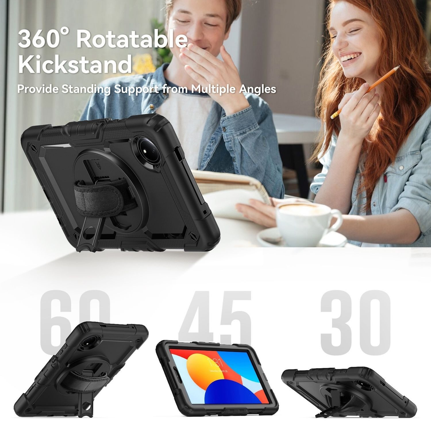 Wigento Tablet-Hülle Für Xiaomi Redmi Pad SE 8.7 360 Grad Rotation Hybrid PC Hülle Schwarz, Drehhalterung, Schulterriemen, Rundumschutz