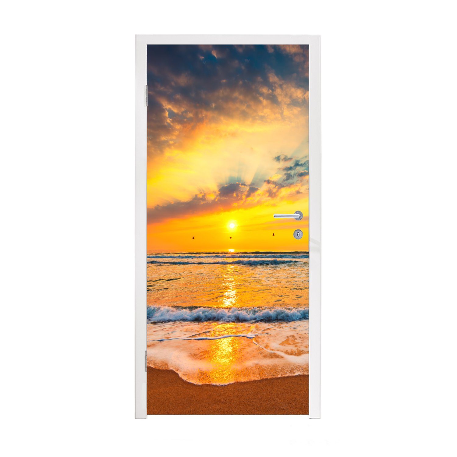Strand - bedruckt, Tür, für Sonnenuntergang (1 Wolken - Matt, Türaufkleber, MuchoWow St), cm 75x205 Türtapete Orange, - Meer Fototapete -