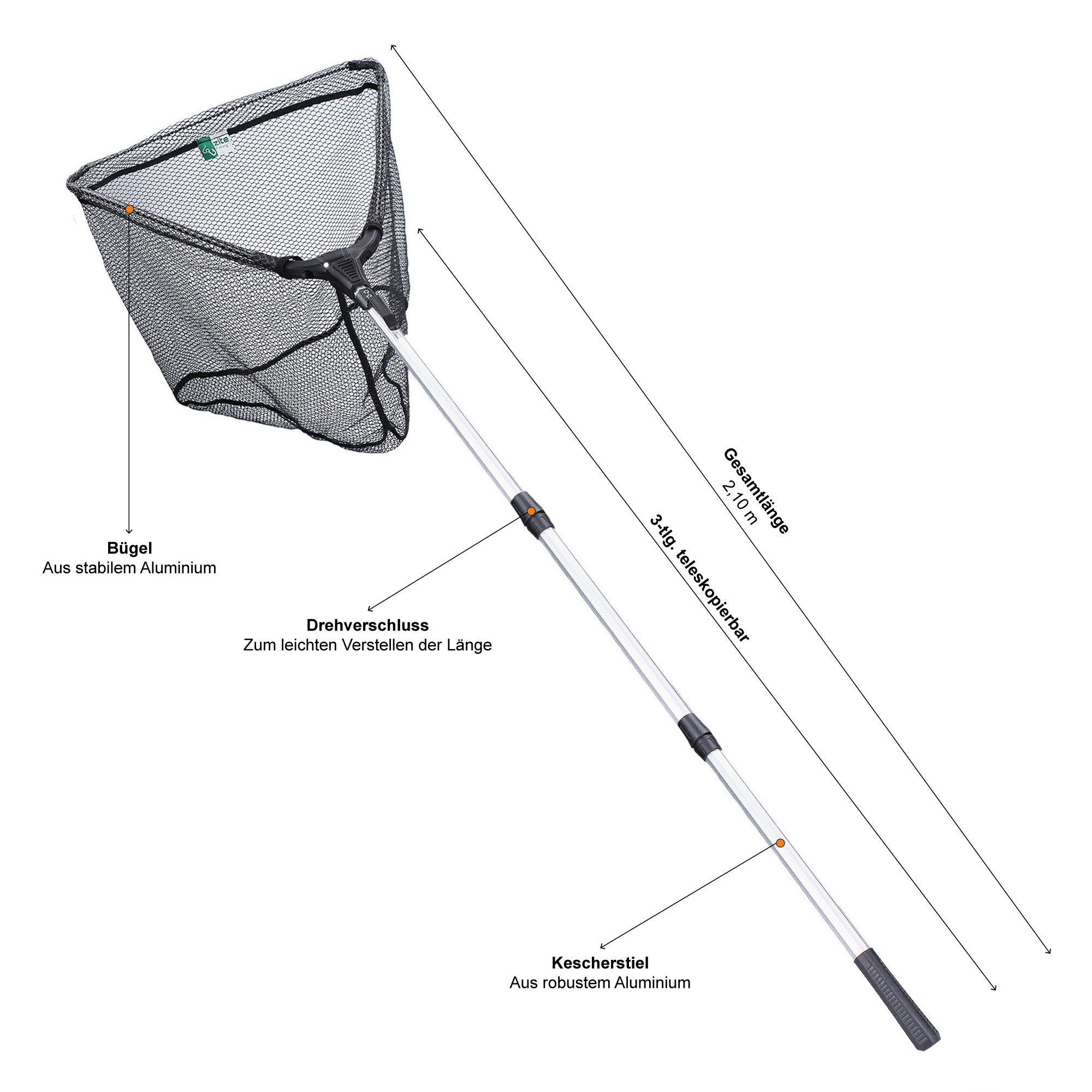 Zite Angelkescher Gummiert, Teleskopkescher 210cm mit Maßband-Tragetasche | Kescher