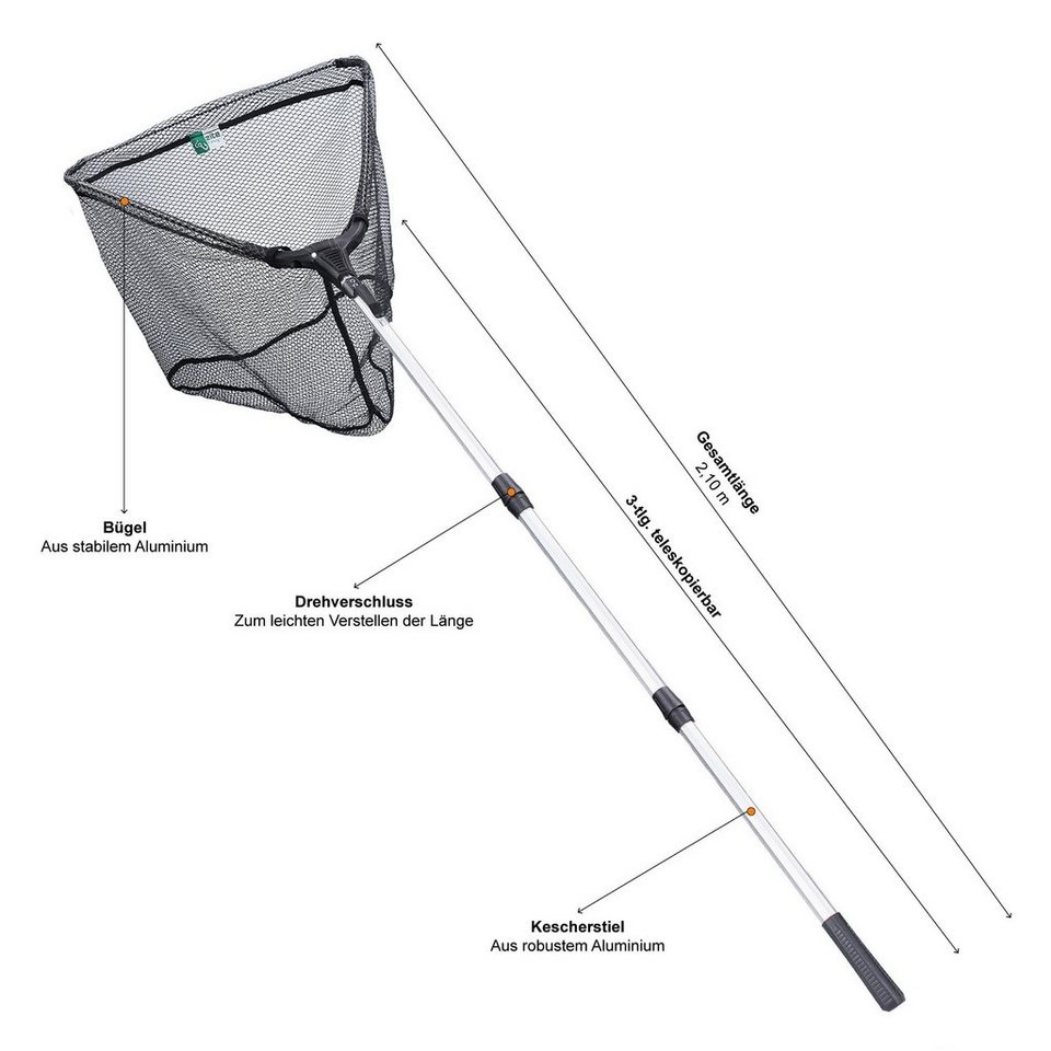 Zite Angelkescher Gummiert, Teleskopkescher 210cm mit Maßband-Tragetasche
