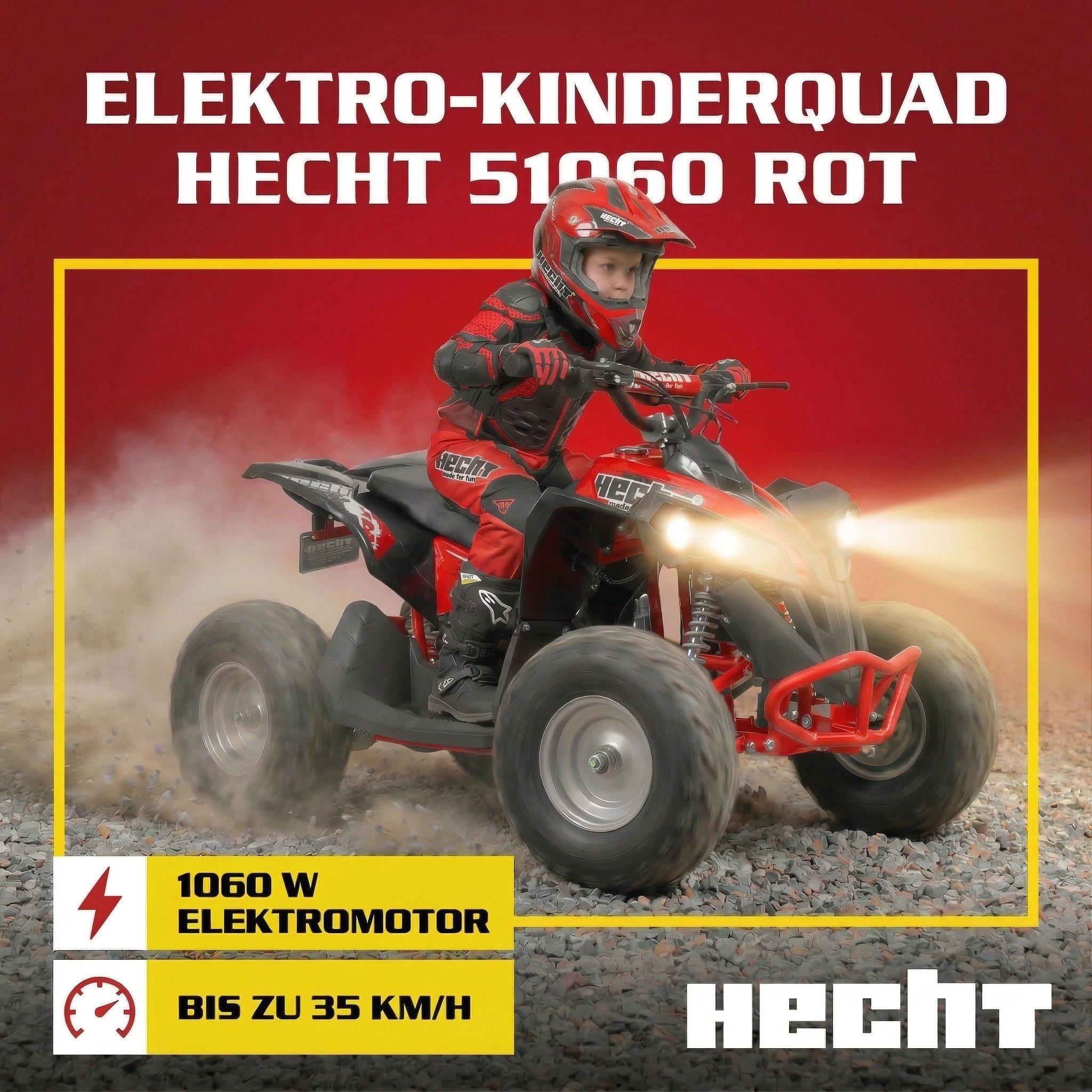 Hecht Elektro-Kinderquad Mini Kinder Quad 1060W 36V bis 35 km/h, Belastbarkeit 70 kg, LED-Frontscheinwerfer, 3 Gänge