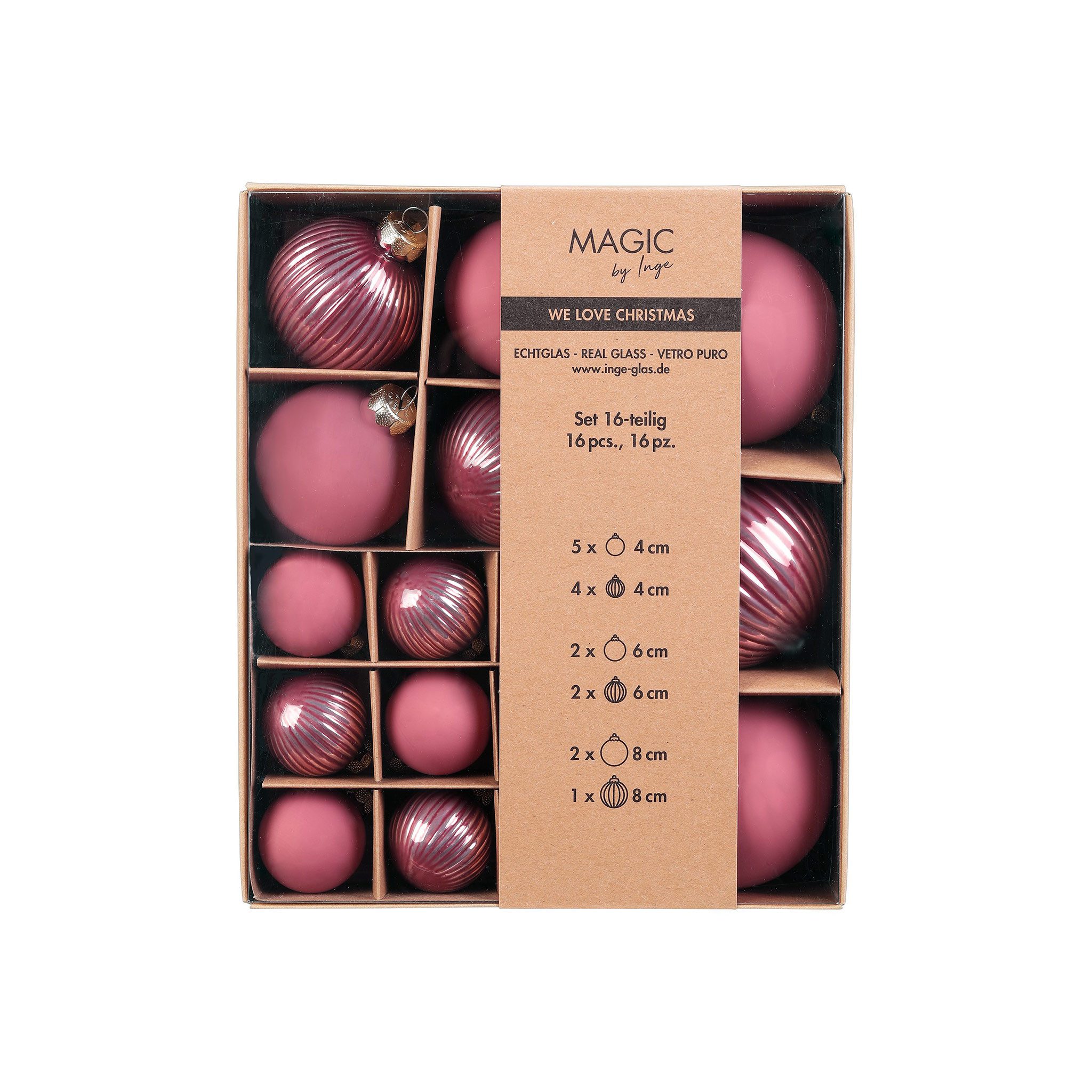 Holly & Jolly Weihnachtsbaumkugel, Weihnachtskugeln Glas 4-8cm Mix gerillt 16er Set - Dusty Rose