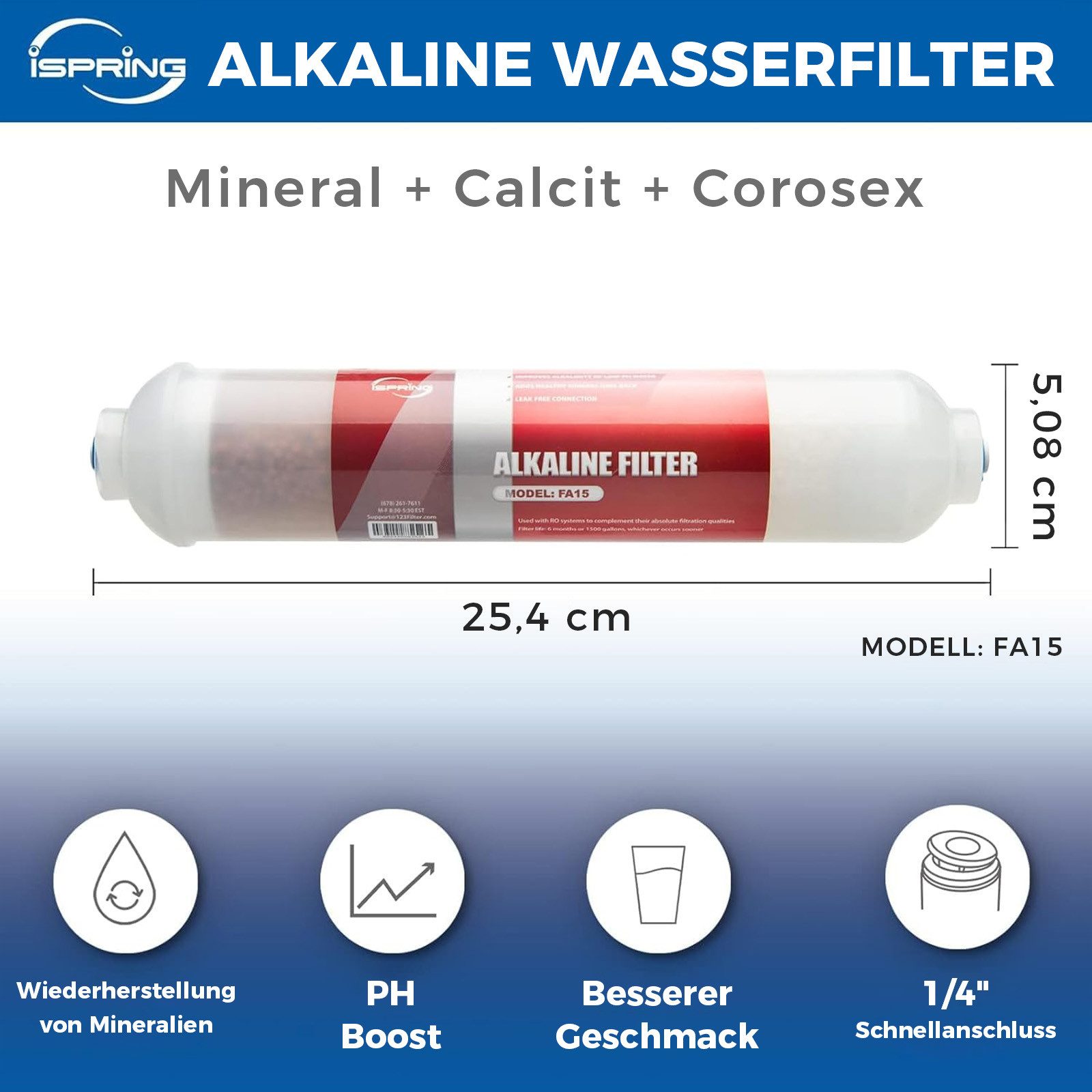 iSpring Ersatzfilter FA15 Alkalisierende Mineralpatrone für RO-Anlagen, 25 cm, mit Calcit & Mineralkugeln – Bild 4 von 5