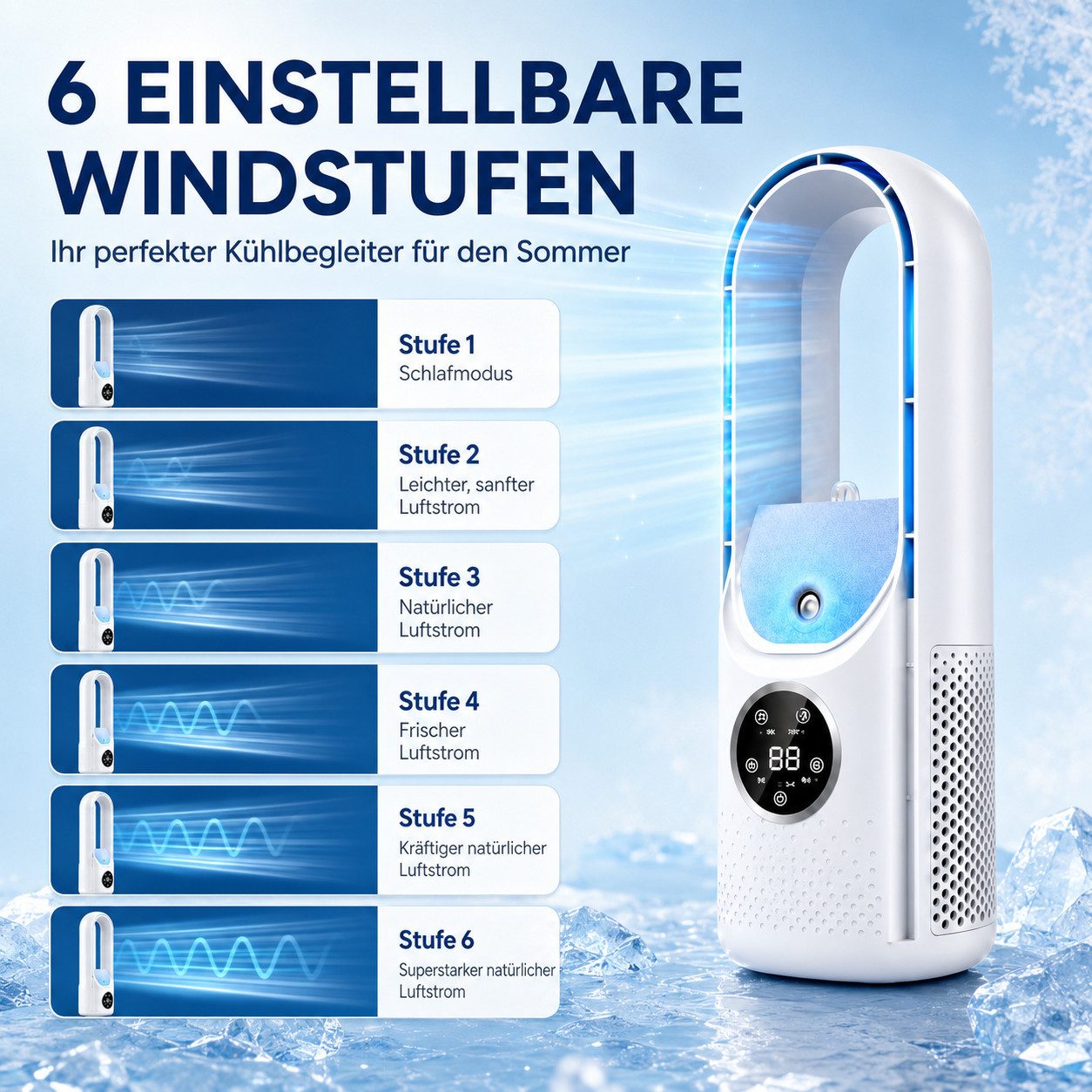 MOPUEA Turmventilator Verstellbarer Tischventilator mit 6 Geschwindigkeiten, Schnelle Kühlung, Leiser Betrieb, Tragbarer Flügelloser Ventilator