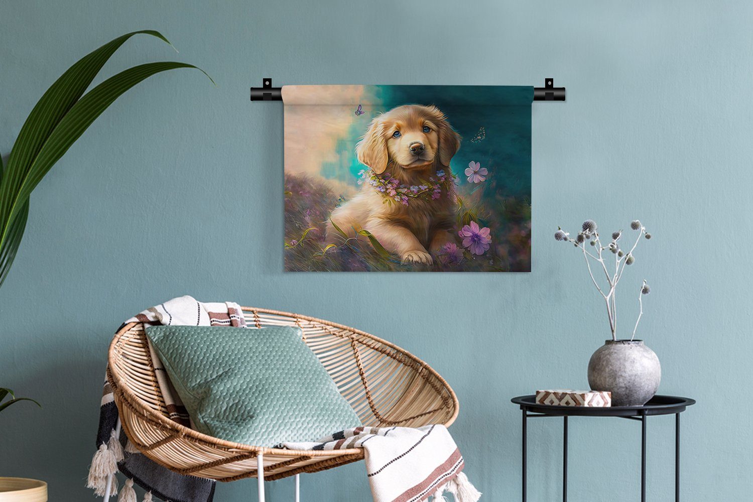 - Welpe Schlafzimmer, - Golden - Hund Retriever, Wohnzimmer, Wanddeko Kinderzimmer - Wanddekoobjekt für Blumenkranz Wandbehang, Schmetterling MuchoWow Kleid,
