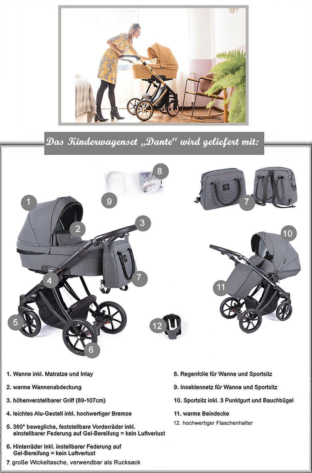 11 Kinderwagen-Set Gestell kupfer Kombi-Kinderwagen - 1 in = Schwarz in 2 babies-on-wheels - Farben Teile 16 Dante