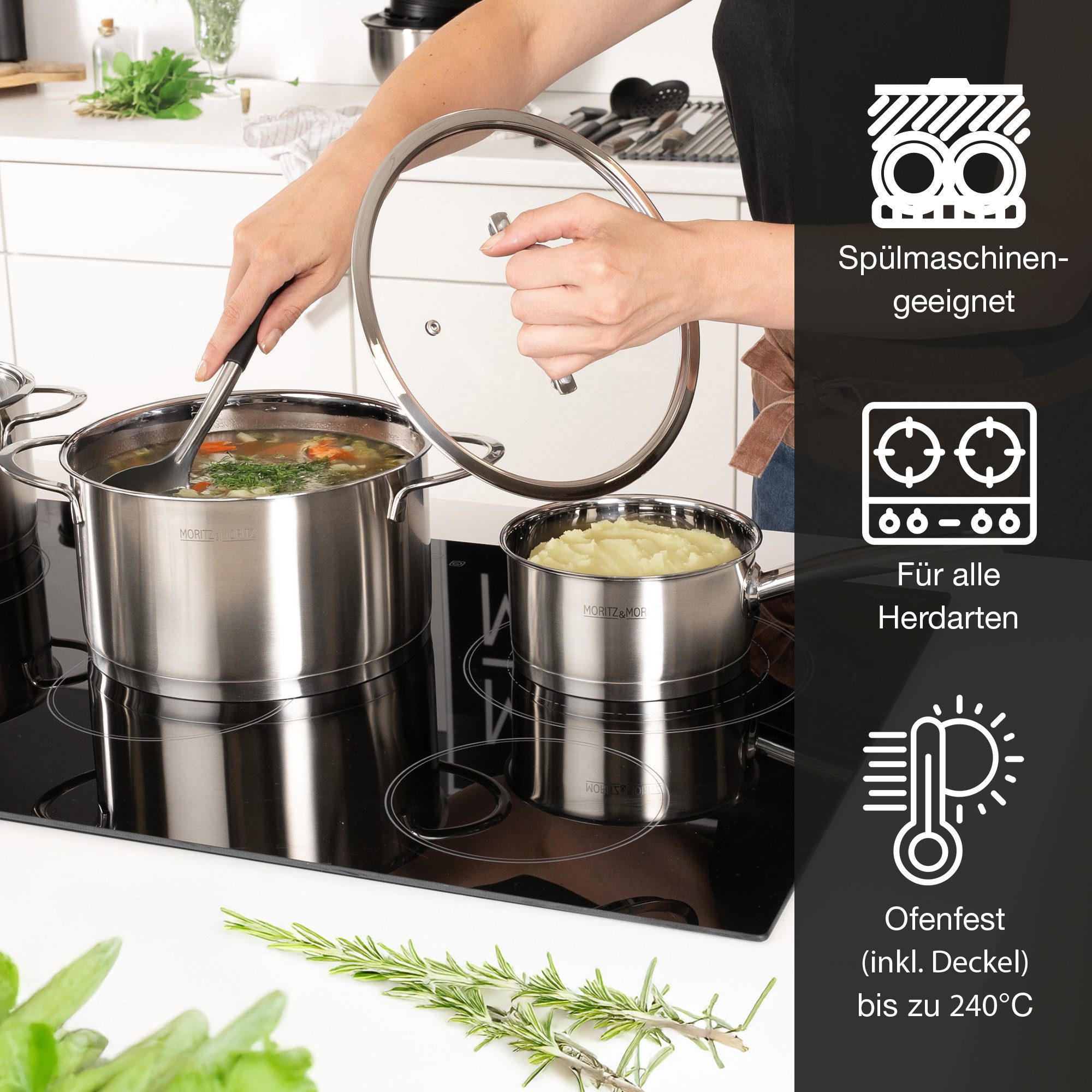 Moritz & Moritz Topf-Set Edelstahl Kochtopfset 9-teilig, 5 Kochtöpfe inkl. 4 Glasdeckel, Edelstahl (Set, 9-tlg., Set), für alle Herdarten