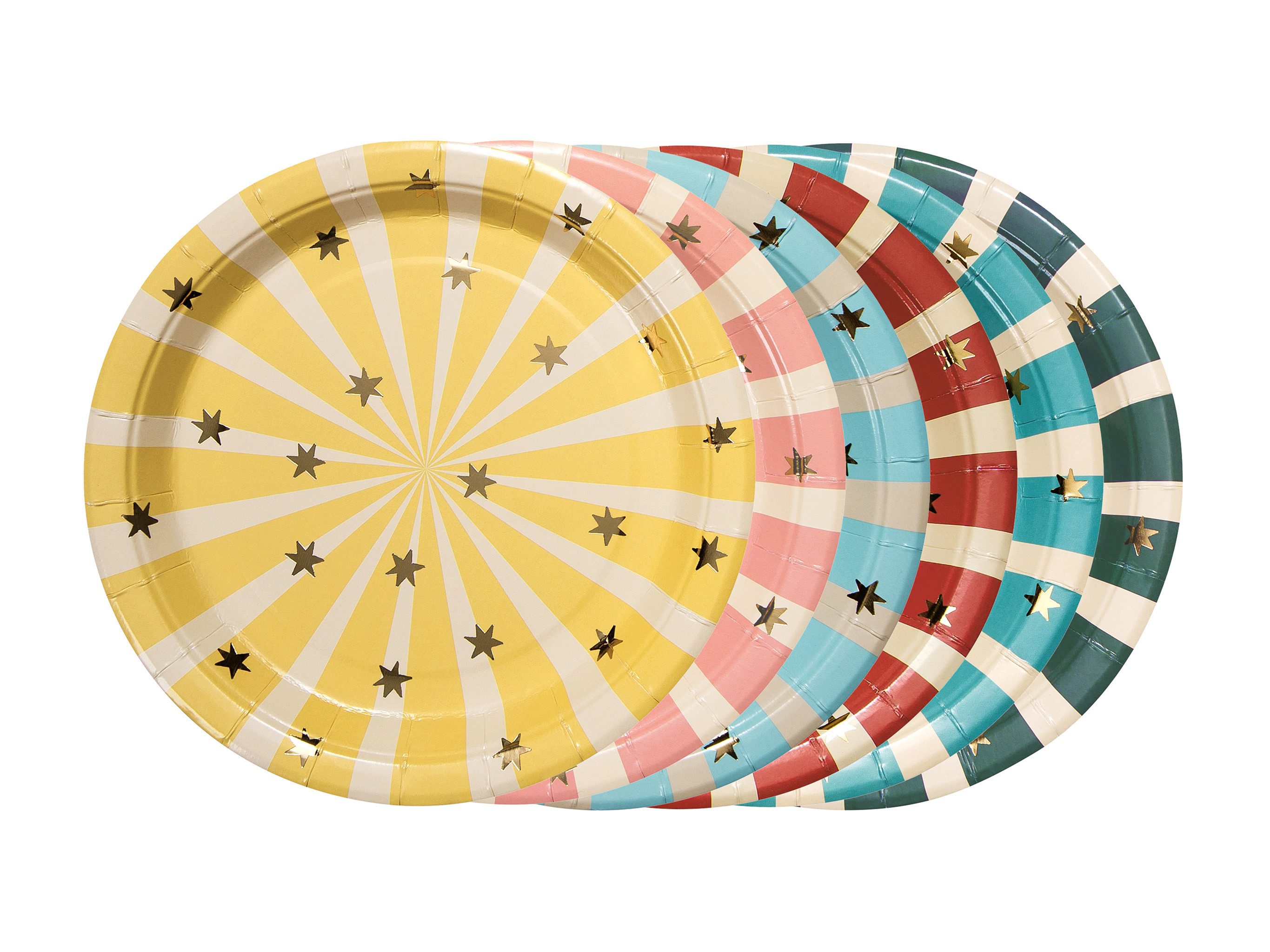 partydeco Тарелки, Pappteller 18cm mit Streifen und Sternen 6er Set Farbmix / Gold