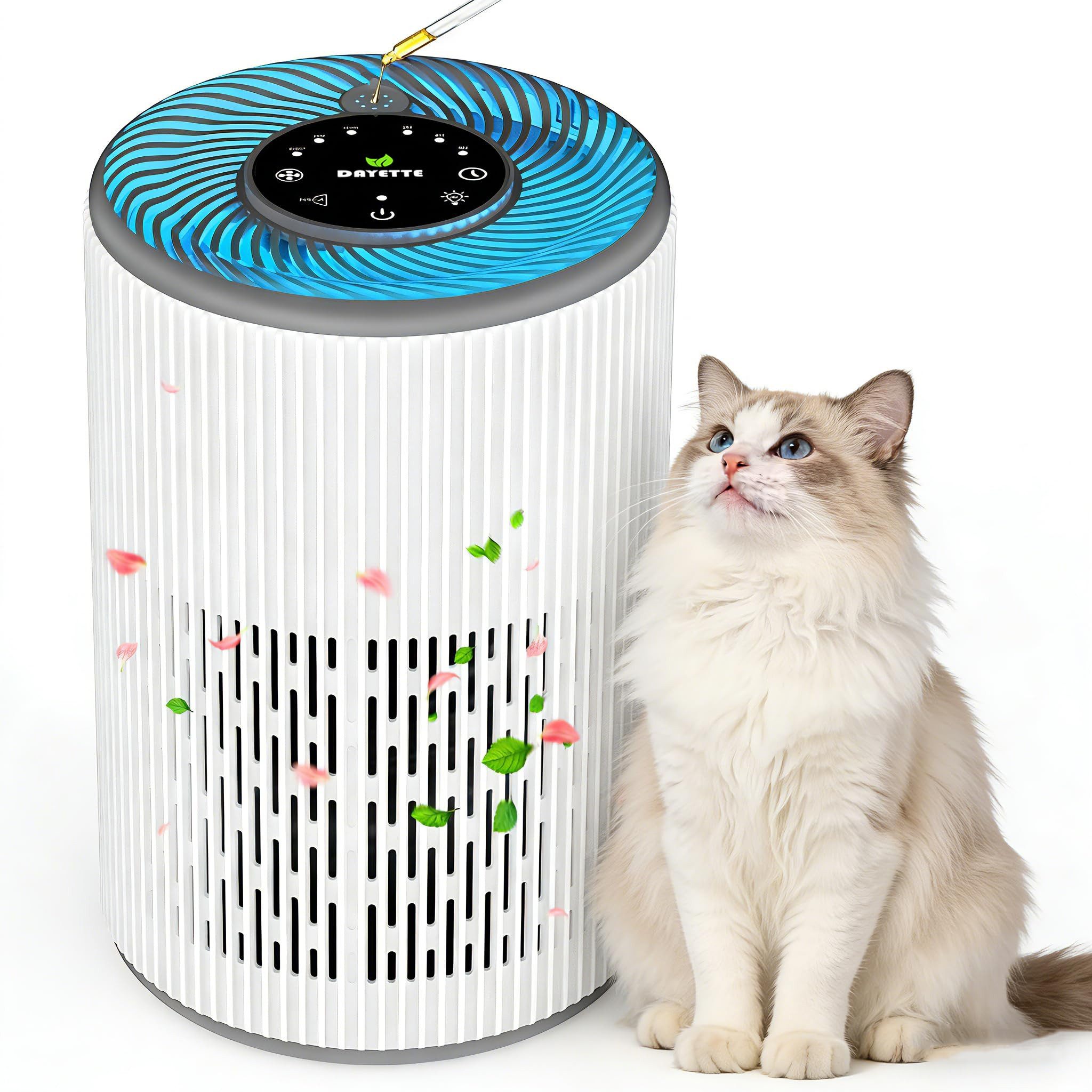 DAYETTE Luftreiniger Tragbarer für Allergiker mit Duftschwamm & blauem Nachtlicht Timer, für 40 m² Räume, Ruhemodus (20 dB), HEPA-Luftfilter gegen Schimmel Staub Pollen Gerüche