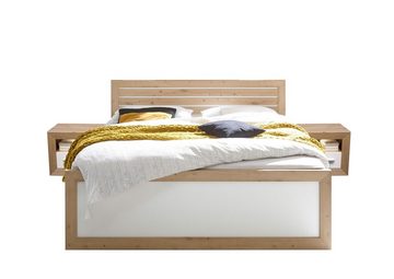 möbelando Bett Frieda, Modernes Bett aus Spanplatte in Artisan Eiche Nachbildung, Absetzungen in Weiß, Rahmen aus MDF mit 2 Schubkästen, inkl. 2 Nachtkommoden. Breite 307 cm, Höhe 94 cm, Tiefe 206 cm