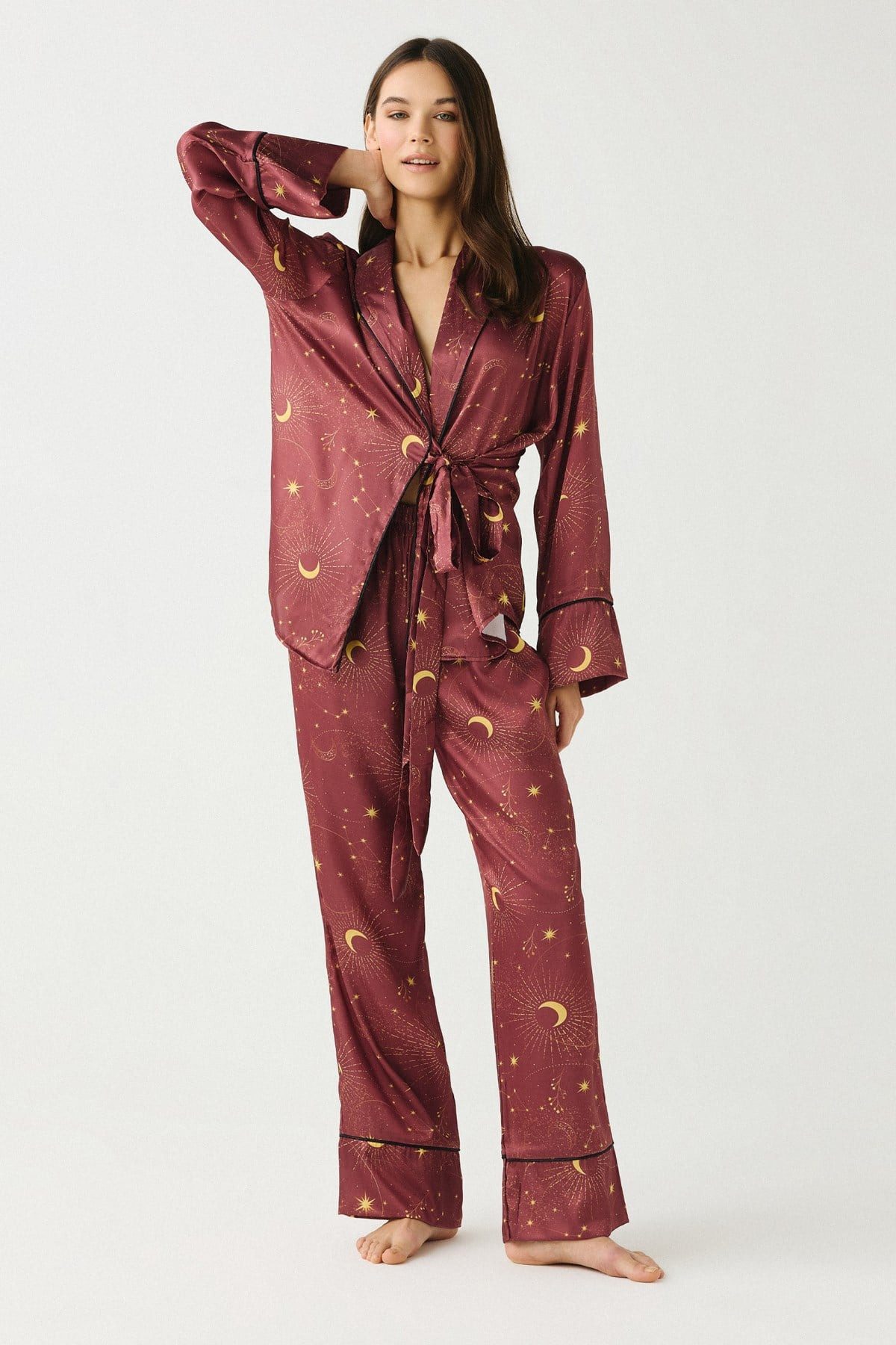 C&CITY Pyjama Luna Touch Satin Kimono-Hosen-Set - Rost