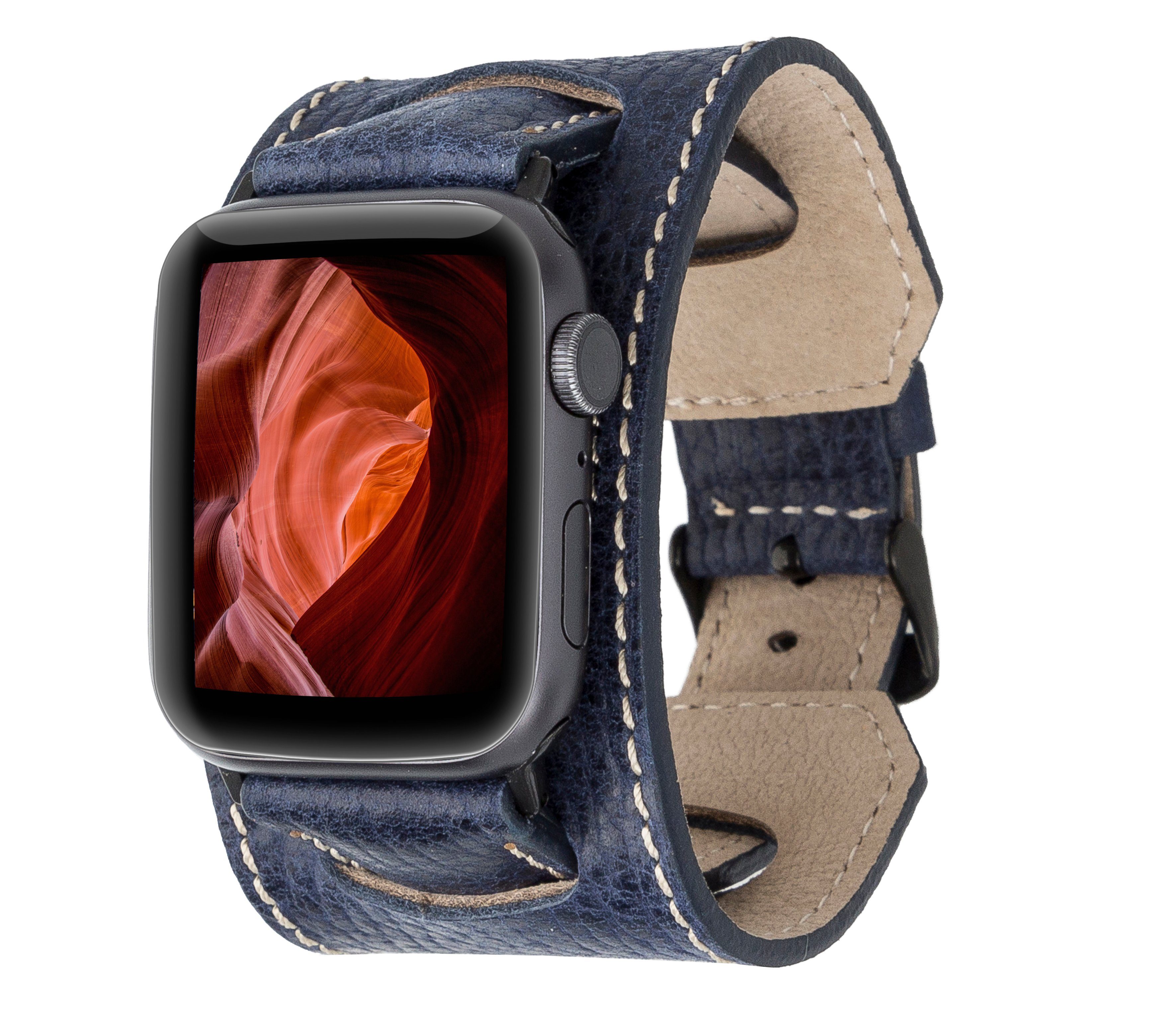 Burkley Smartwatch-Armband Vintage Cuff für Apple Watch Leder Armband, kompatibel mit Apple Watch Series 1-8 in 42/44/45mm Marineblau