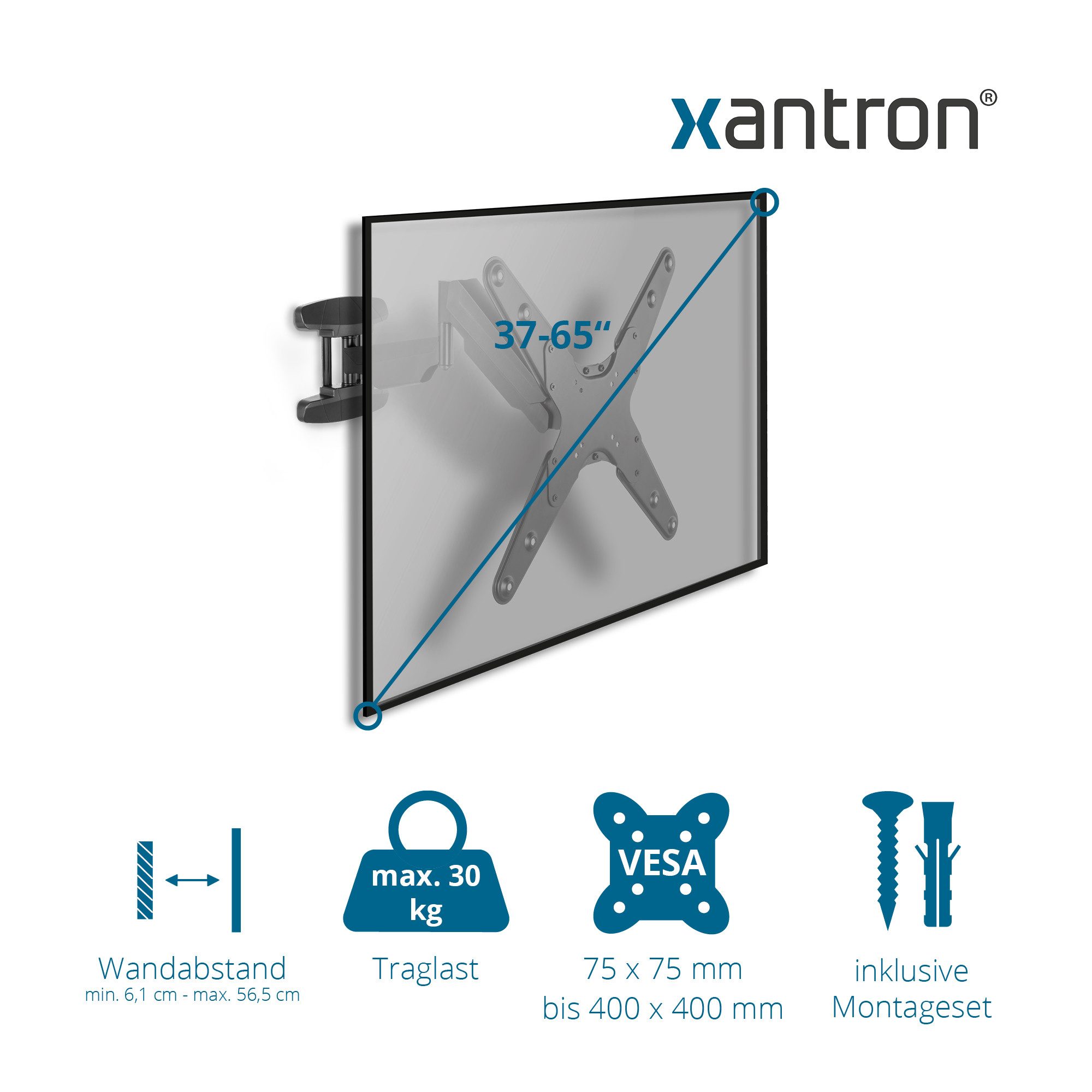 Xantron TV-Wandhalterung für TV Monitore 23-55", höhenverstellbar, vollbeweglich, ERGOLINE-440B, (bis 55 Zoll, ausziehbar bis 56,5 cm, schwenkbar, neigbar, drehbar)