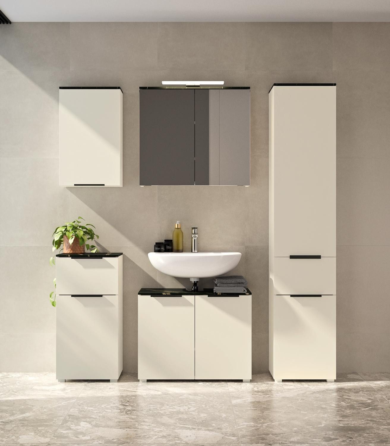 Composad Hängeschrank PROMESSA, Cashmeregrau matt, Schwarz, Marmoroptik, 1 Tür, B 40 x H 65 x T 22 cm