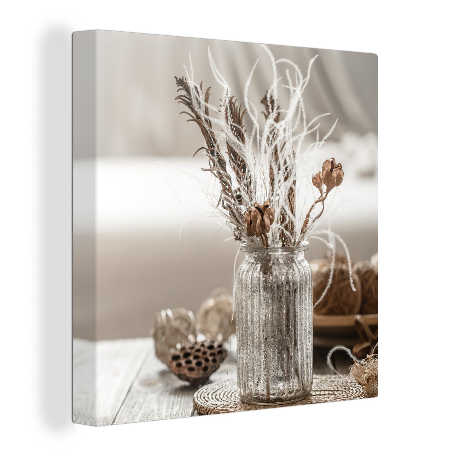 OneMillionCanvasses® Leinwandbild Stilleben - Getrocknete Blumen - Vase, (1 St), Leinwand Bilder für Wohnzimmer Schlafzimmer