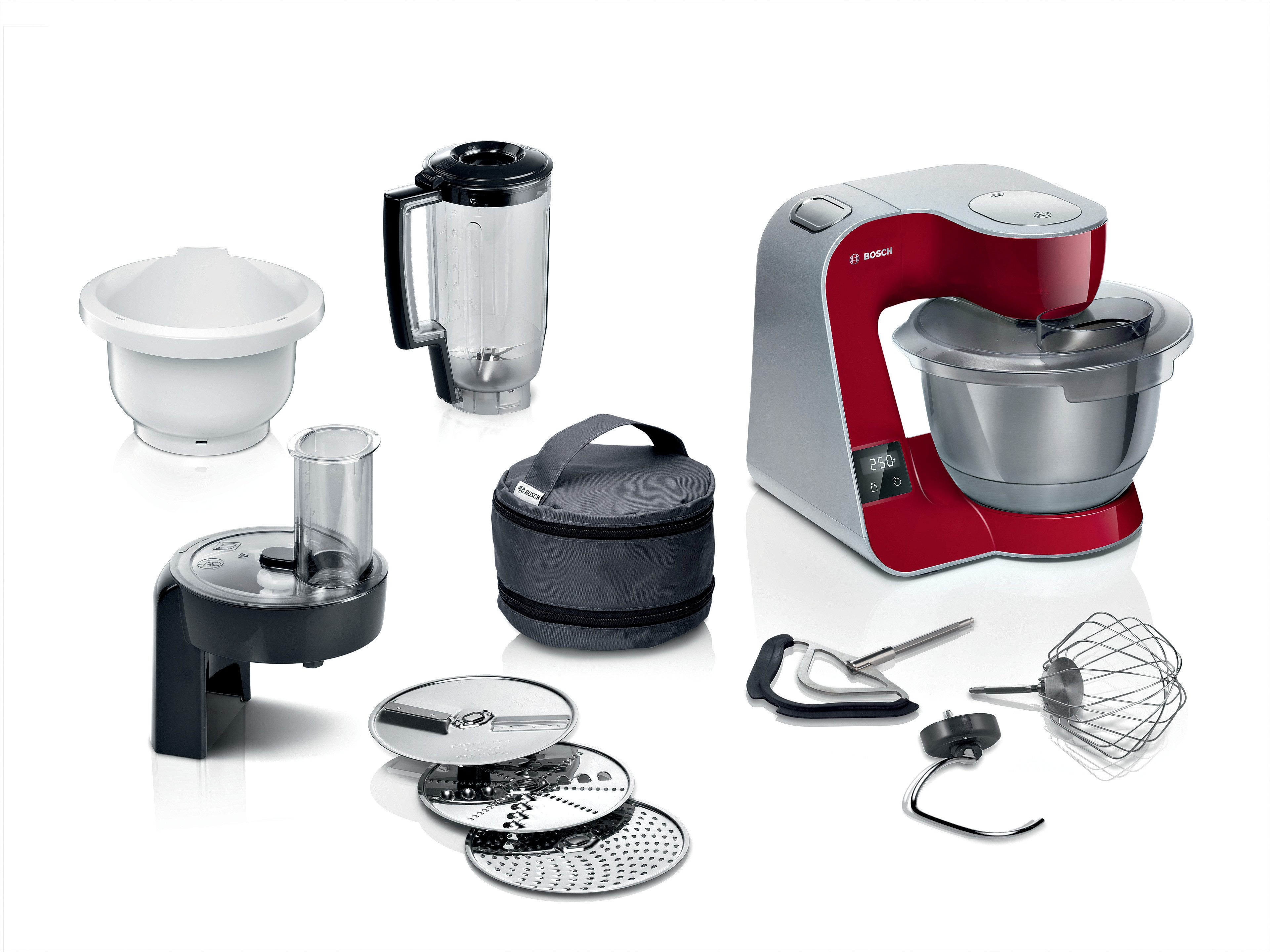 BOSCH Küchenmaschine Serie 4 MUM5X734, integr. Waage, Durchlaufschnitzler, Mixer, rot, 1000 W, 9,4 l Schüssel, 2 Schüsseln, 3 Scheiben, Knethaken/Rühr-/Schlagbesen, spülmasch.fest