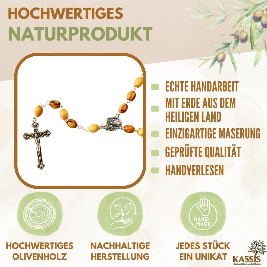 Kassis Geschenkartikel Kette ohne Anhänger Rosenkranz mit Jesuskreuz Perlen aus Olivenholz und Metall, hergestellt in Bethlehem, Gebetskette zu religiösen Anlässen