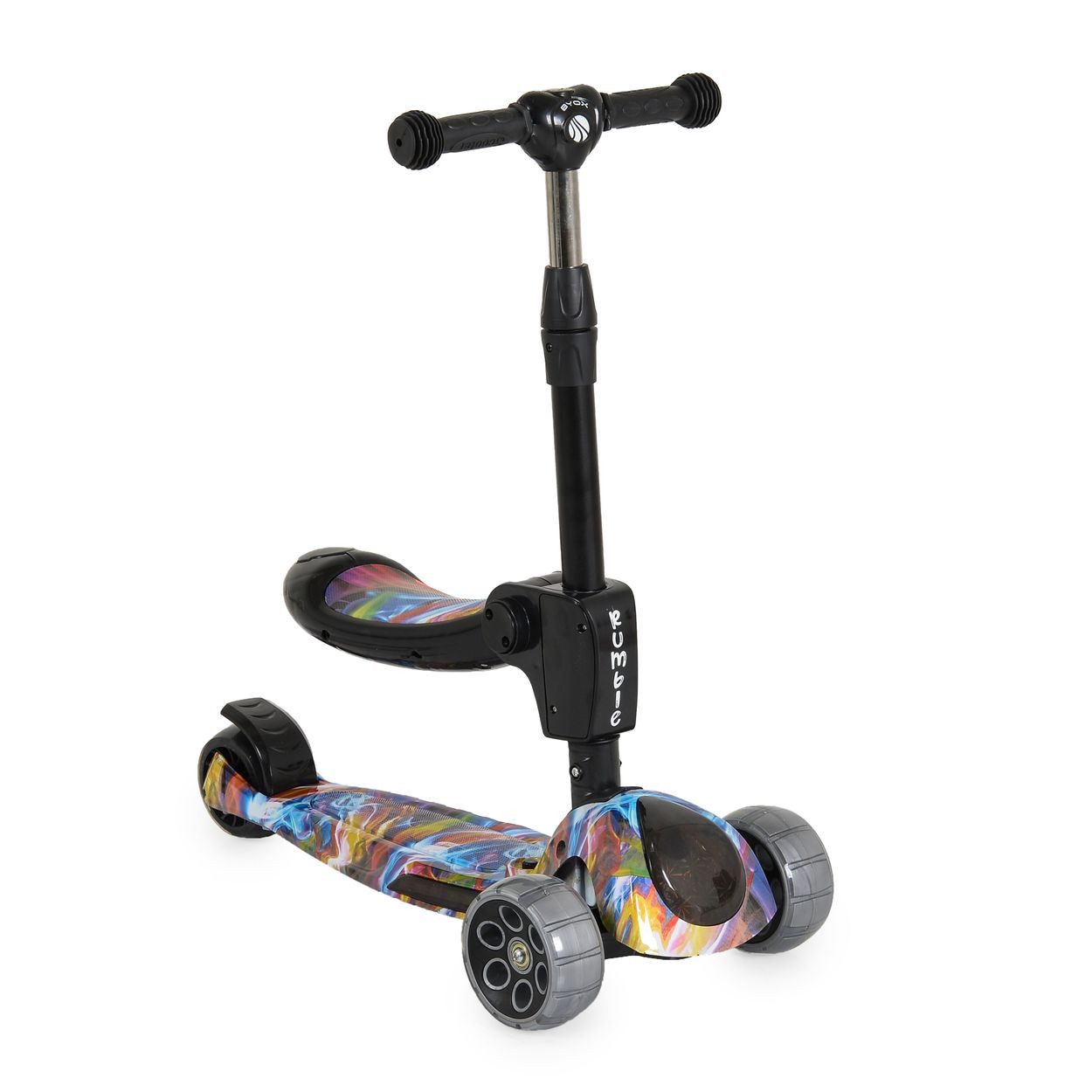 Byox Cityroller Rumble, 2-in-1-Sitzfunktion, Musik, PU-Leuchträder, Lenker verstellbar