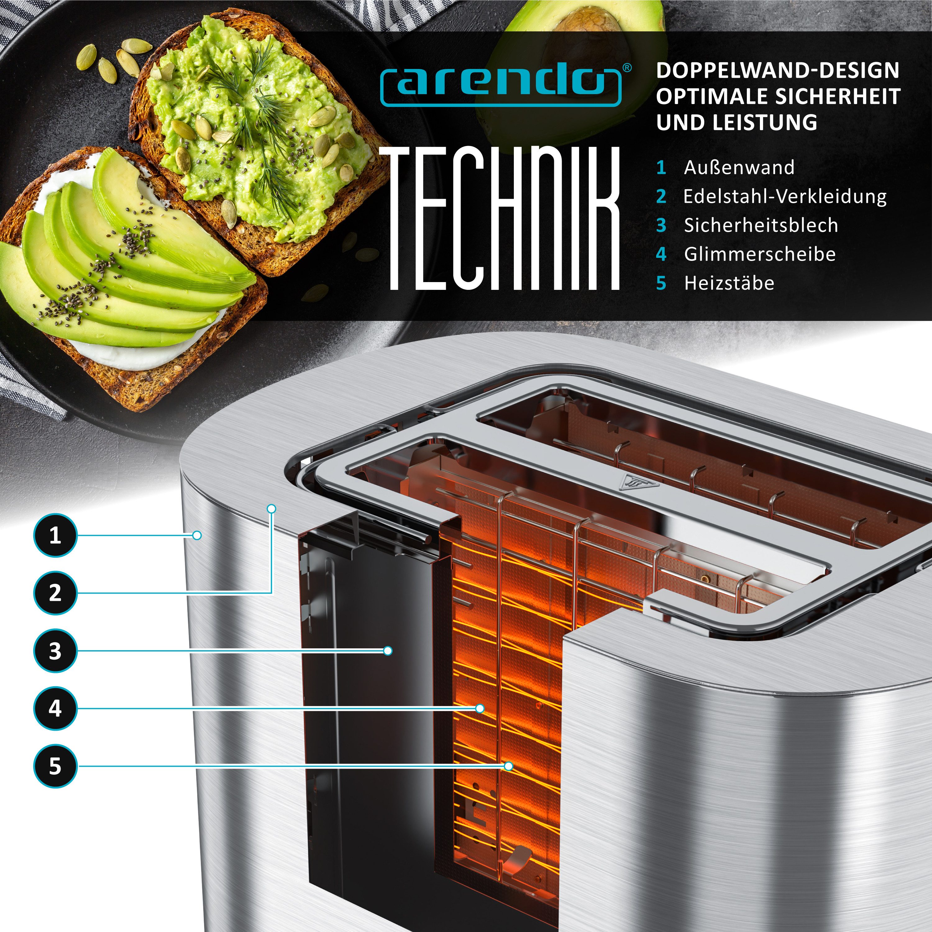 Arendo Toaster 2-Scheiben Kurzschlitz Edelstahl, Touch, Restzeit Bräunungsgradanzeige, 2 Schlitze, für 2 Scheiben, 800 W, Brötchenaufsatz, Wärmeisoliert, Toast- – Bild 5 von 5