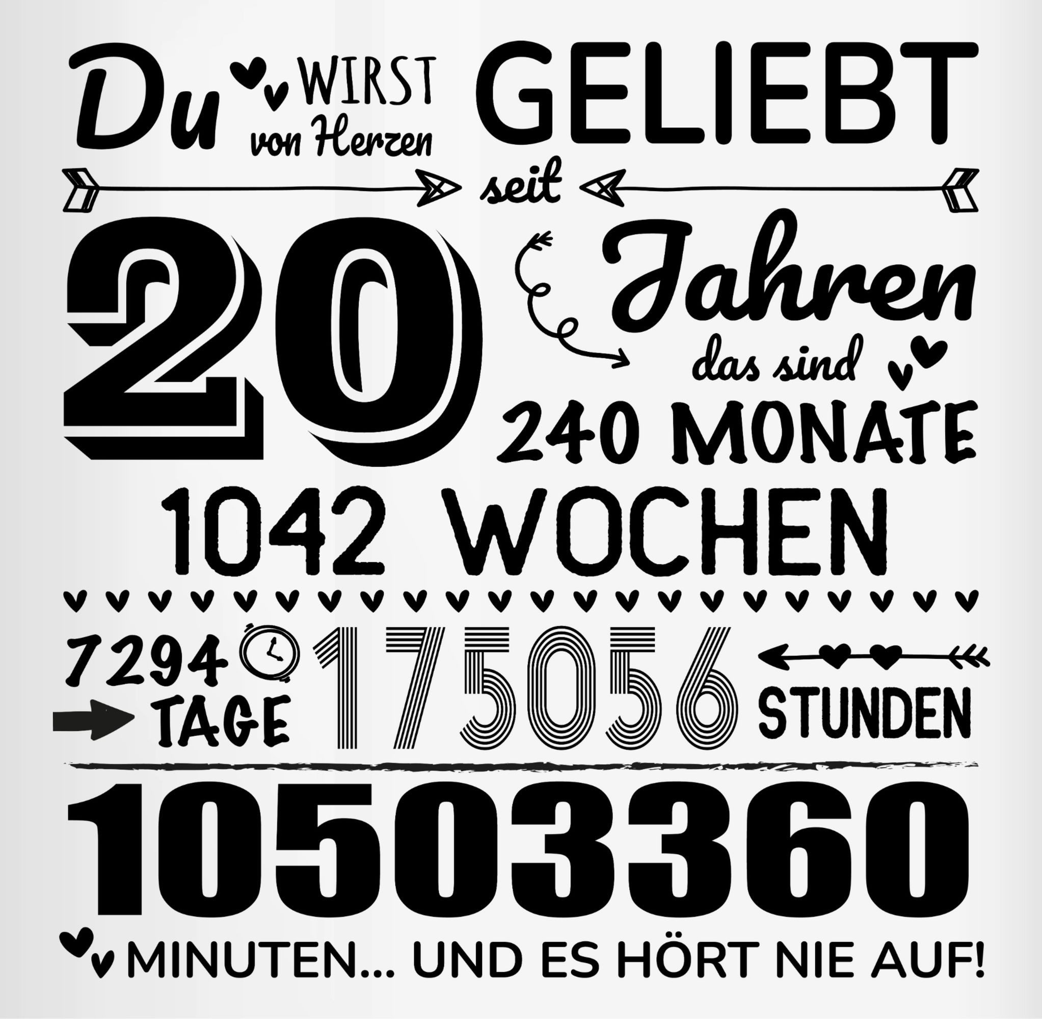 Shirtracer Tasse 20 Jahre - Du wirst von Herzen geliebt, 20. Geburtstag, 20 Jahre Geb, Keramik, 20. Geburtstag Tasse