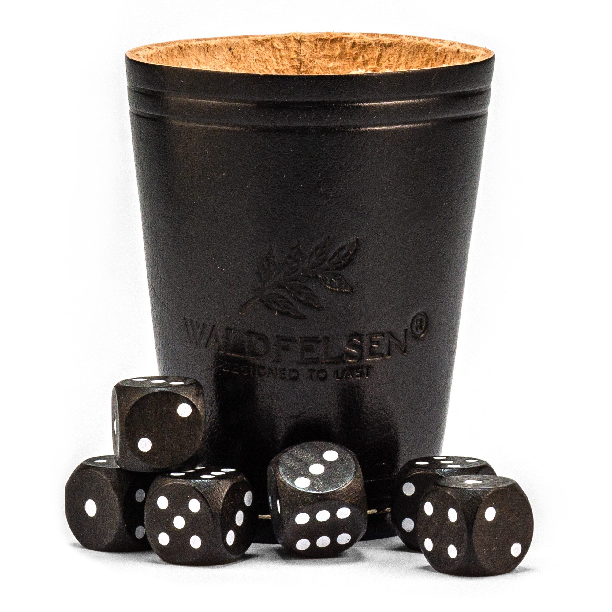 Waldfelsen Spiel – Echtleder Würfelbecher (9 cm) mit 6 Würfeln (16 mm) aus Buchenholz, Würfelspiel, Verschiedene Farben