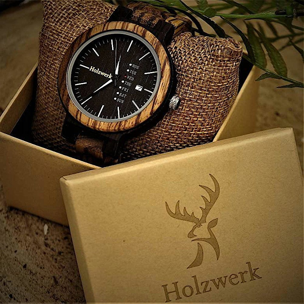 Holzwerk Quarzuhr OCHTRUP Damen und Herren Holz Uhr mit Datum in Walnuss braun, schwarz