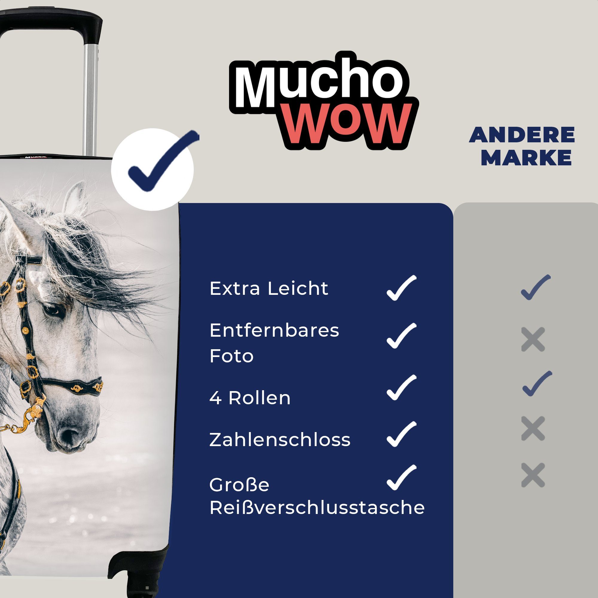 MuchoWow Trolley, - Ferien, Reisekoffer 4 Rollen, Pferd Handgepäckkoffer Halfter, für mit Reisetasche - Gold rollen, Handgepäck