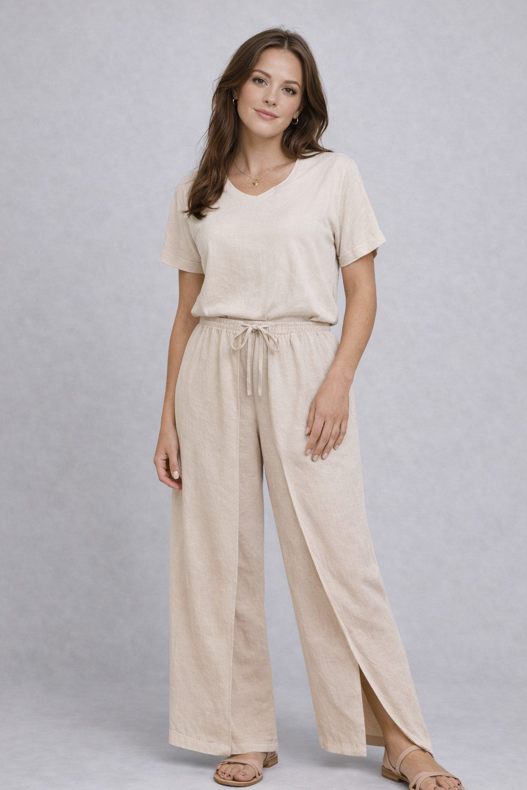 ITALY VIBES Palazzohose - Marlenehose - weite Damenhose - mit Schlitz - beige - ITALY VIBES